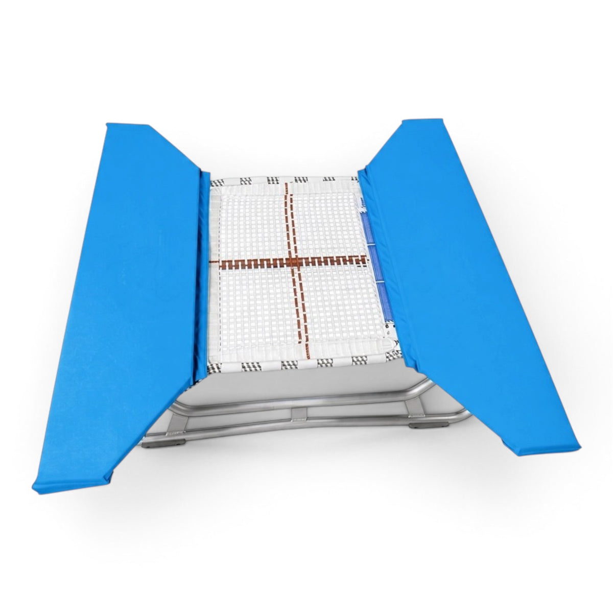 UK Gym Pits open ended mini trampoline with a white web bed and bright blue protective frame pads