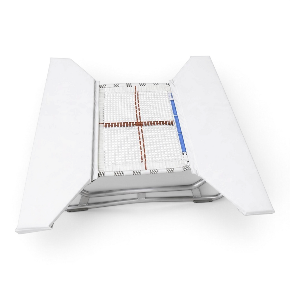 UK Gym Pits open ended mini trampoline with a white web bed and protective white frame pads on a zinc plated frame