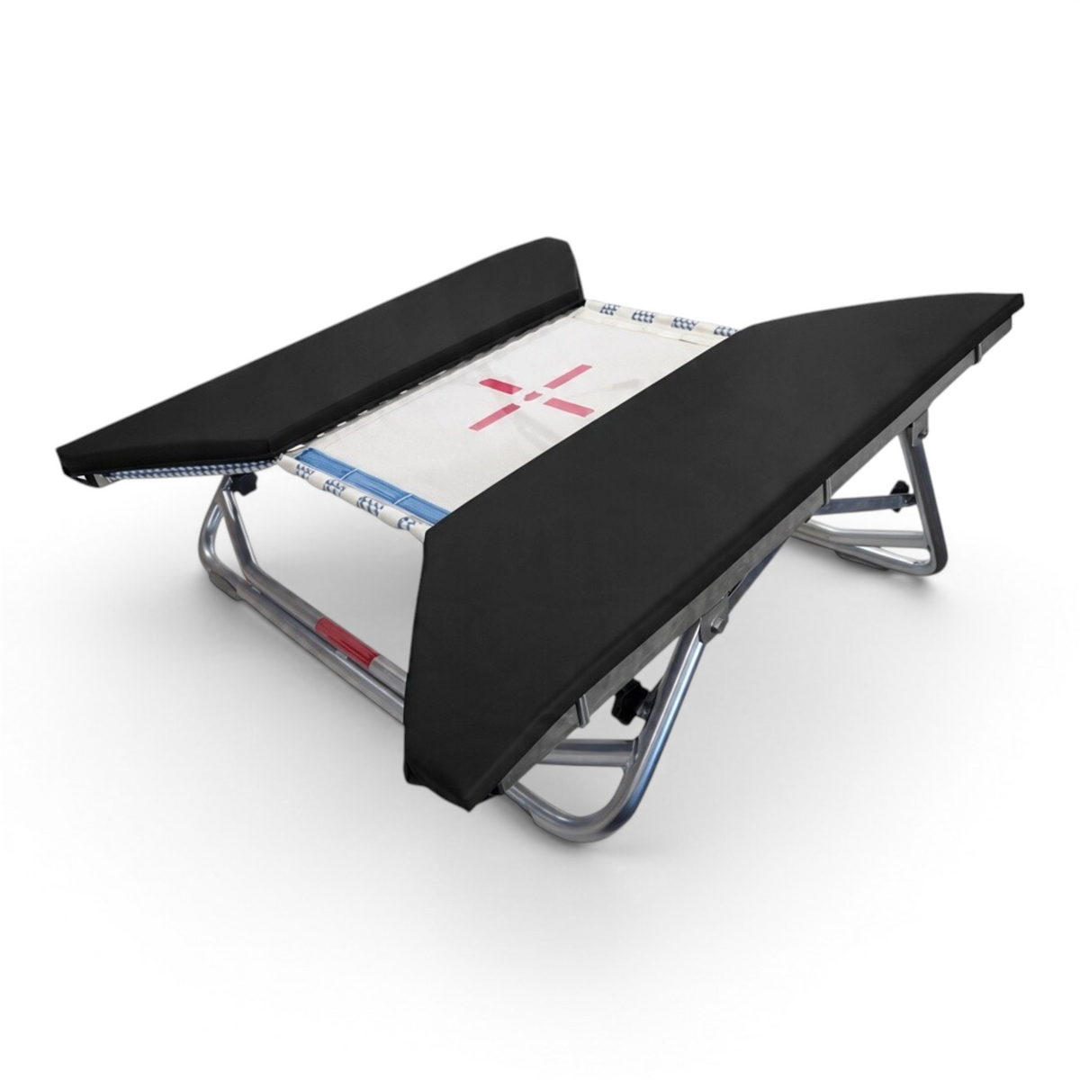 UK Gym Pits open ended mini trampoline with a white web bed and black protective frame pads on a zinc plated frame.