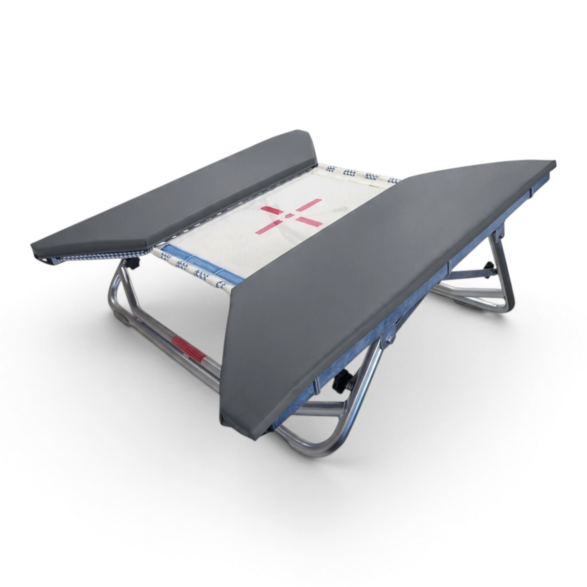 UK Gym Pits open ended mini tramp with grey frame pads and a white web bed, featuring an adjustable zinc plated frame.