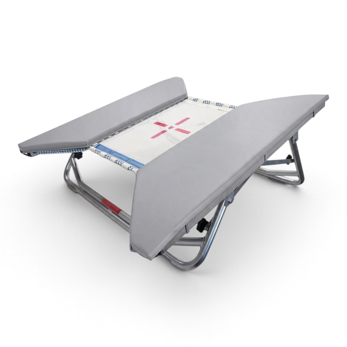 UK Gym Pits open ended mini trampoline with a white web bed and grey protective frame pads on a zinc plated frame.