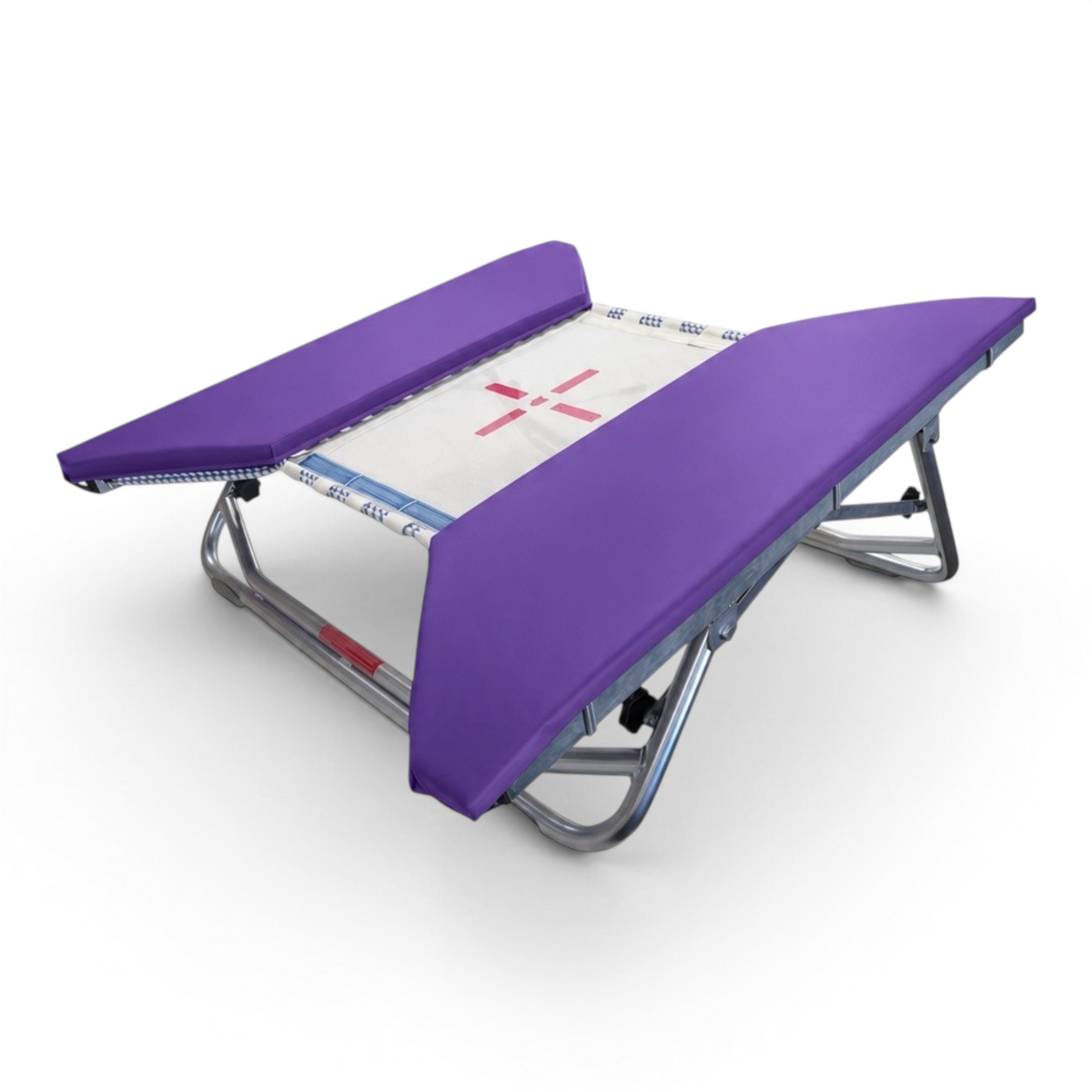 UK Gym Pits open ended mini trampoline with a white web bed and purple protective frame pads on a zinc plated frame.