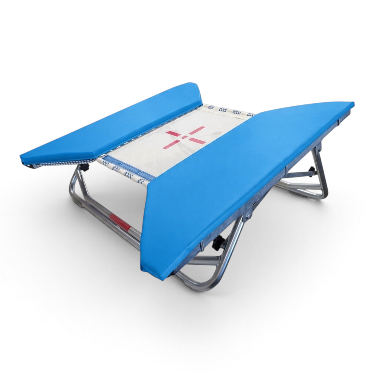 UK Gym Pits open ended mini tramp with a white web bed and blue protective frame pads on a zinc plated steel frame.