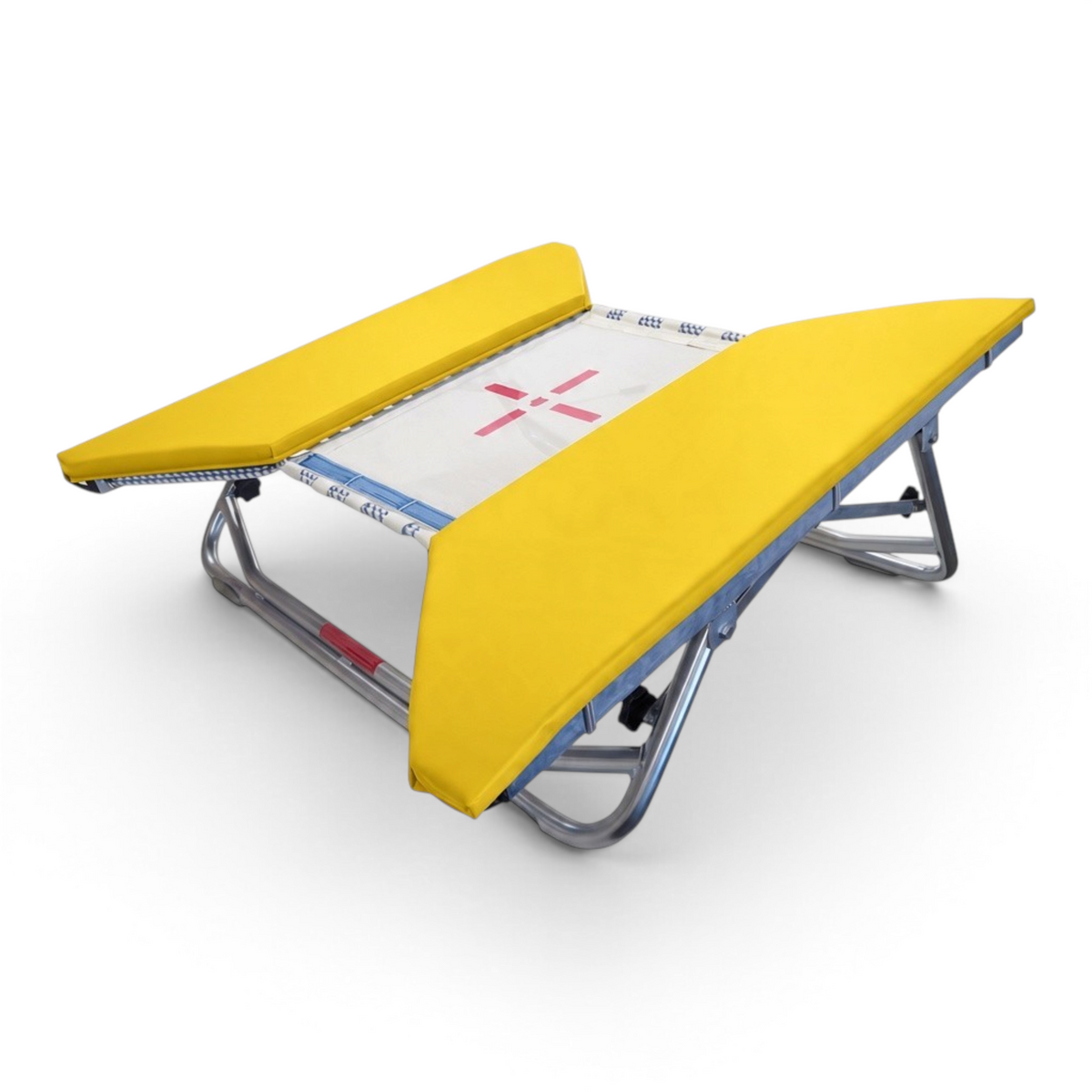 UK Gym Pits open ended mini trampoline with a white web bed and bright yellow protective frame pads