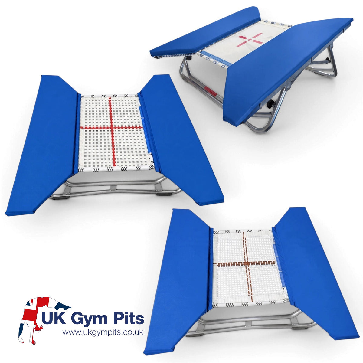 UK Gym Pits open ended mini tramp with blue frame pads and white web bed, shown from multiple angles.