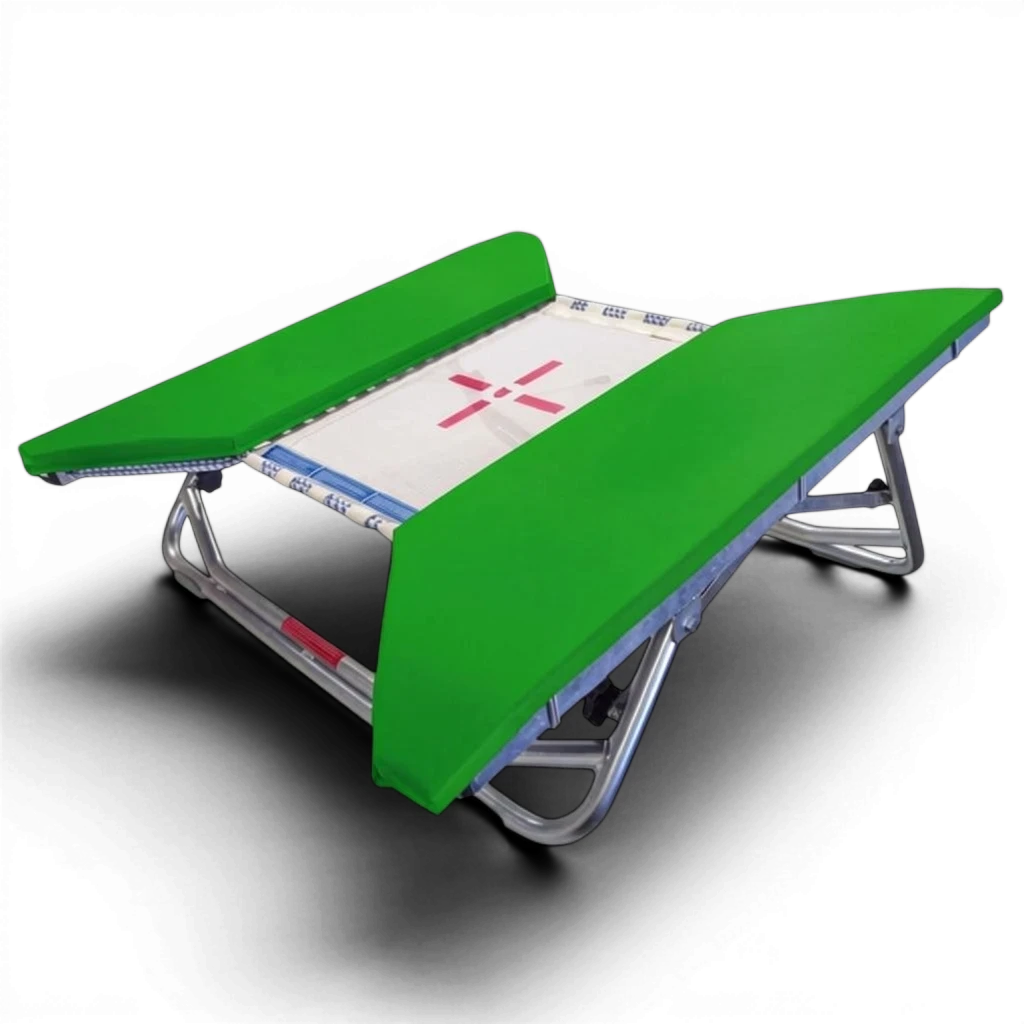 UK Gym Pits open ended mini trampoline with a white web bed and bright green protective frame pads on a black background