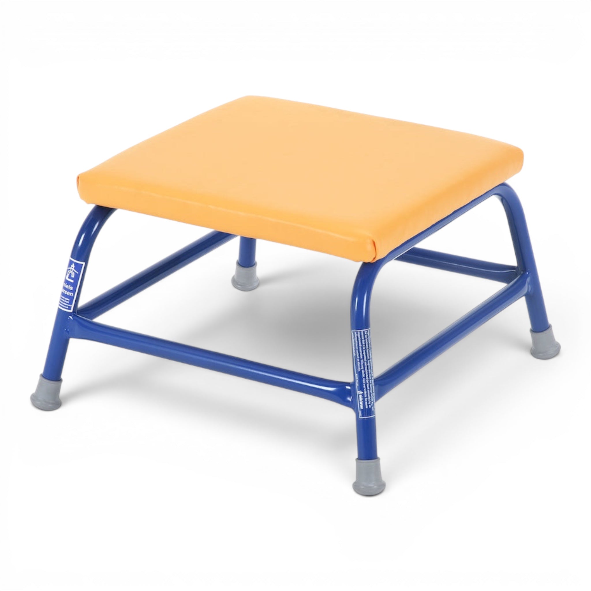 UK Gym Pits agility table with a bright orange padded top and a sturdy blue steel frame for children's gymnastics.