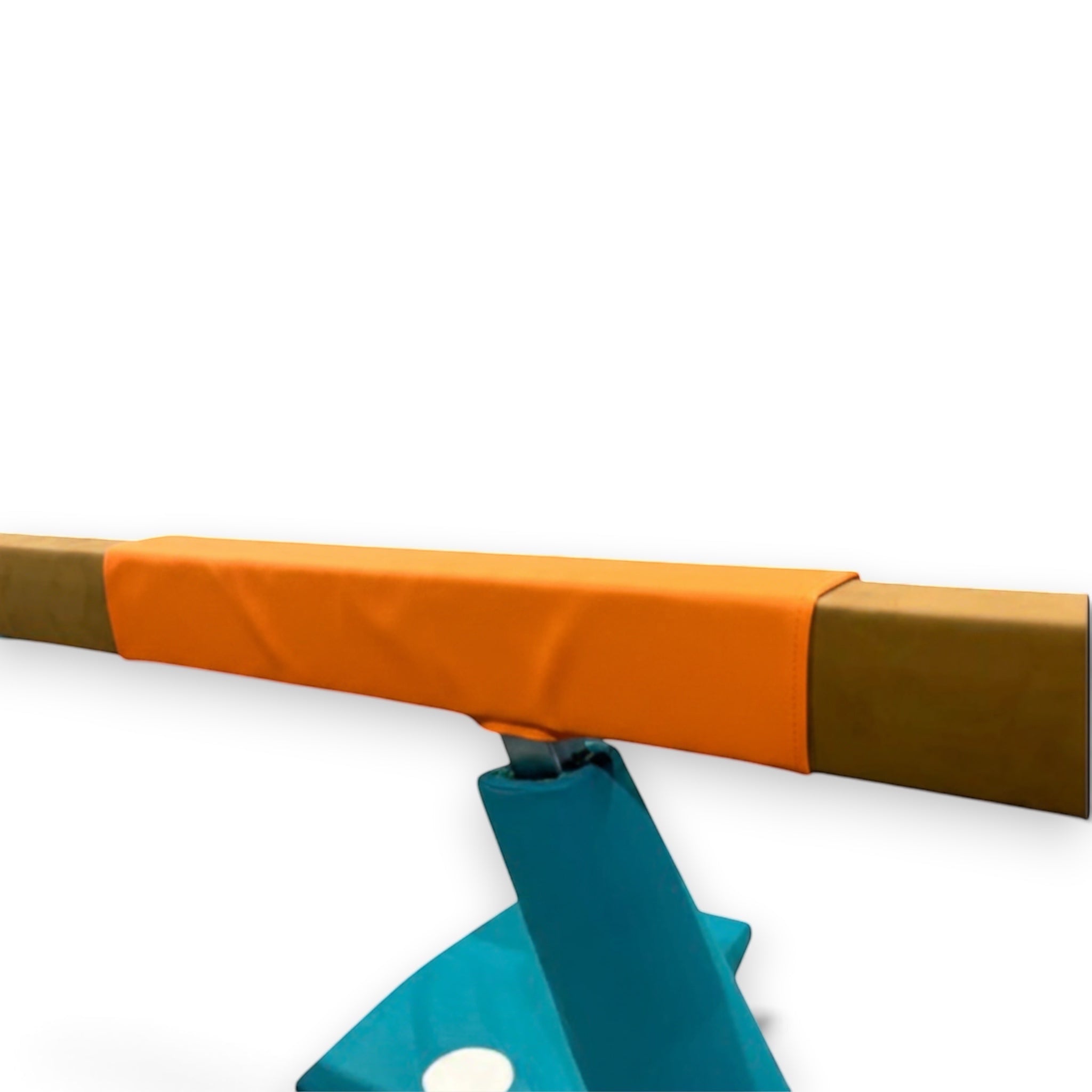 UK Gym Pits orange cushioned gymnastics beam mat with anti-slip faux leather surface and secure Velcro tabs.