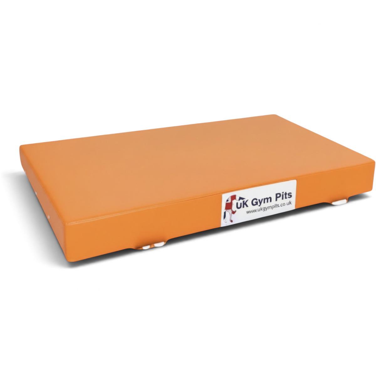 UK Gym Pits orange rectangular gymnastics crash mat with heavy-duty PVC cover and side carry handles