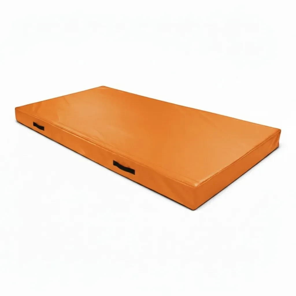UK Gym Pits orange FIG specification trampoline push-on safety mat with side handles and flame retardant PVC cover
