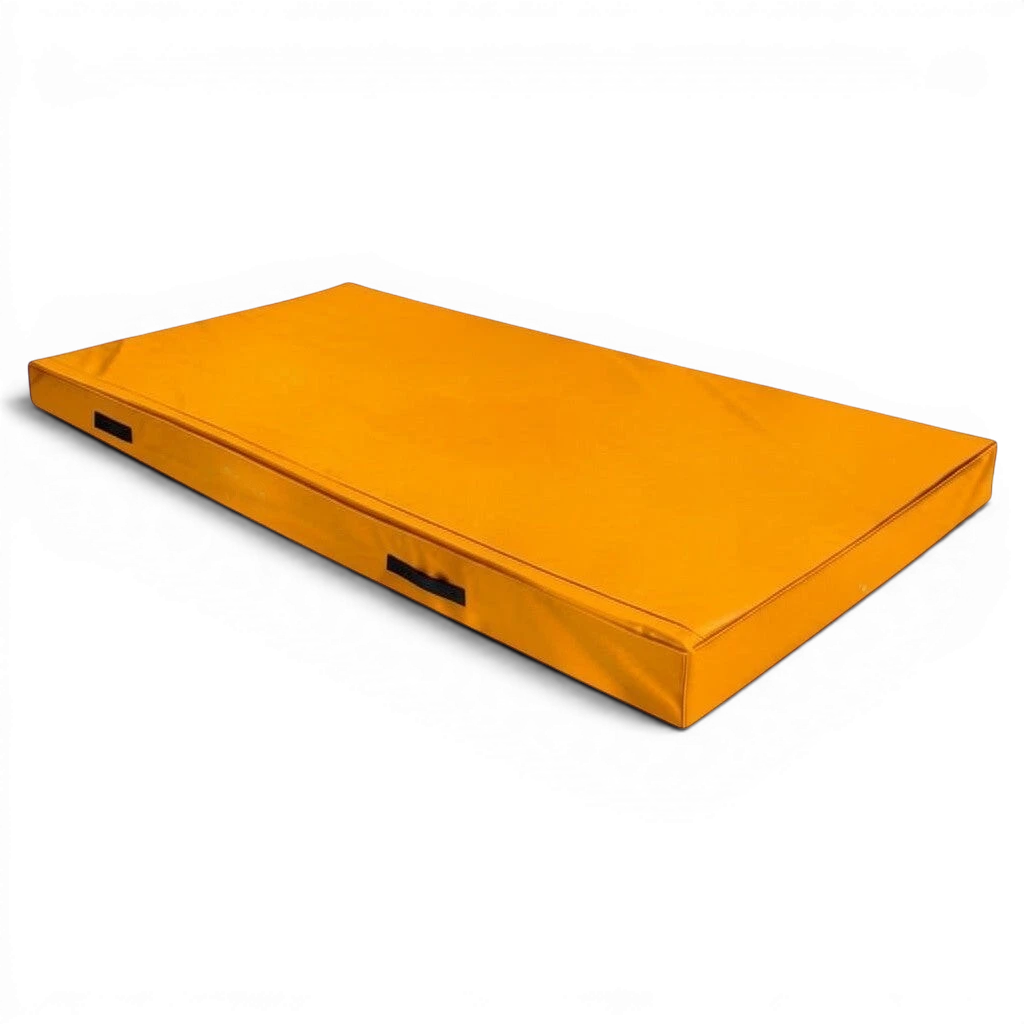 UK Gym Pits orange FIG specification trampoline push-on safety mat with side handles and durable PVC cover.