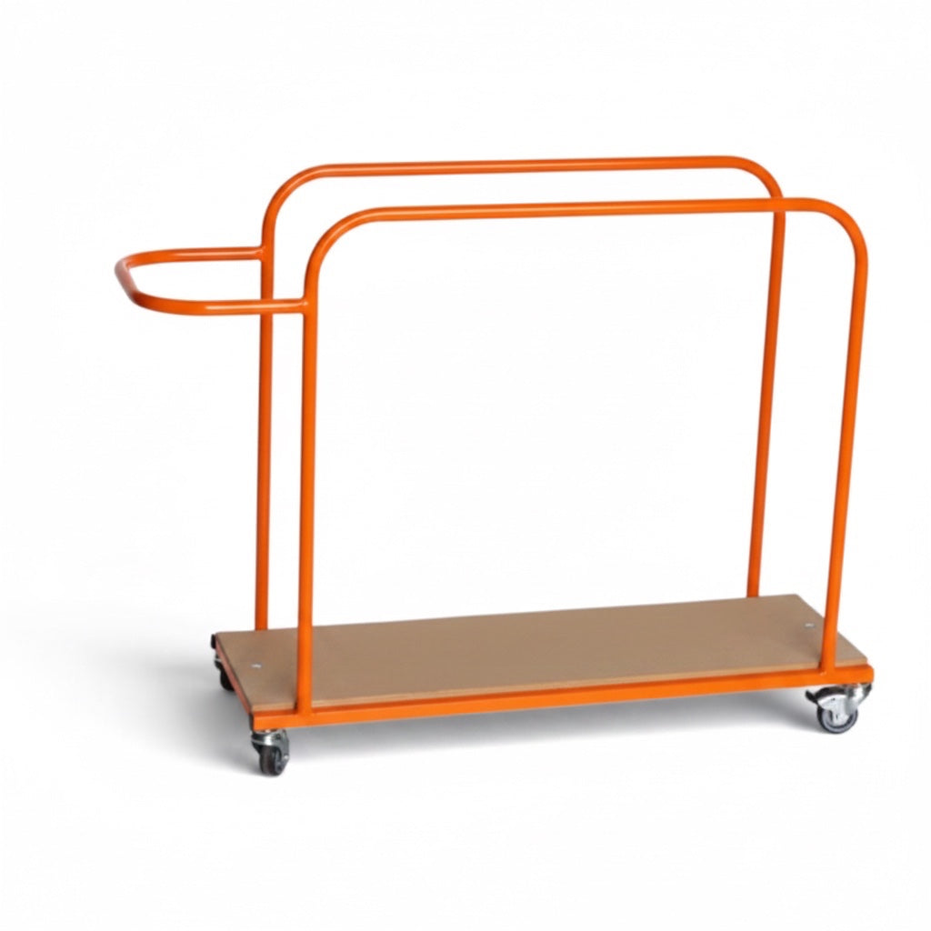 UK Gym Pits vertical mat trolley with an orange metal frame and heavy duty castors for gym equipment storage