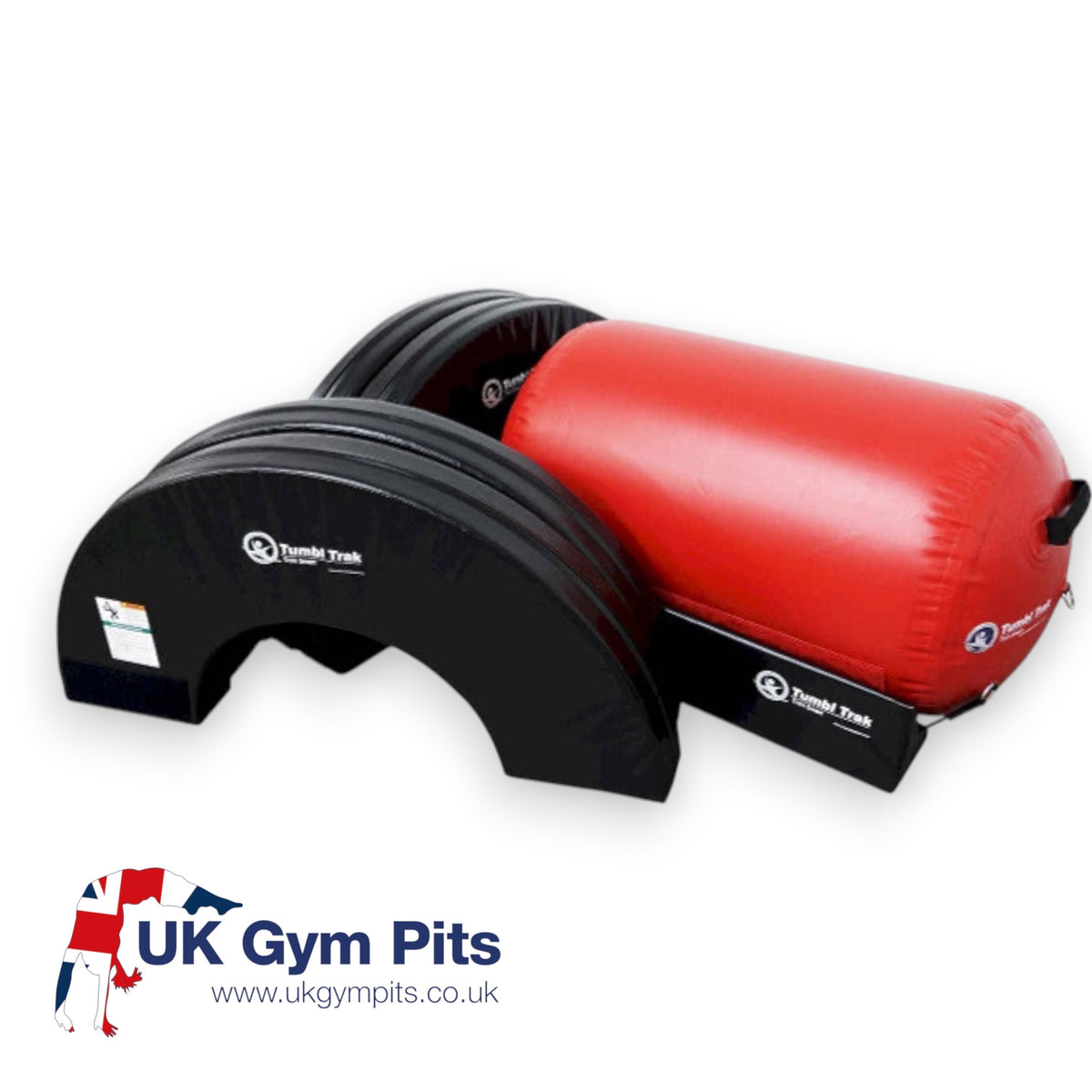UK Gym Pits Orbiter Package 3 featuring a red inflatable air barrel with black foam rings and stabilizing cradles.