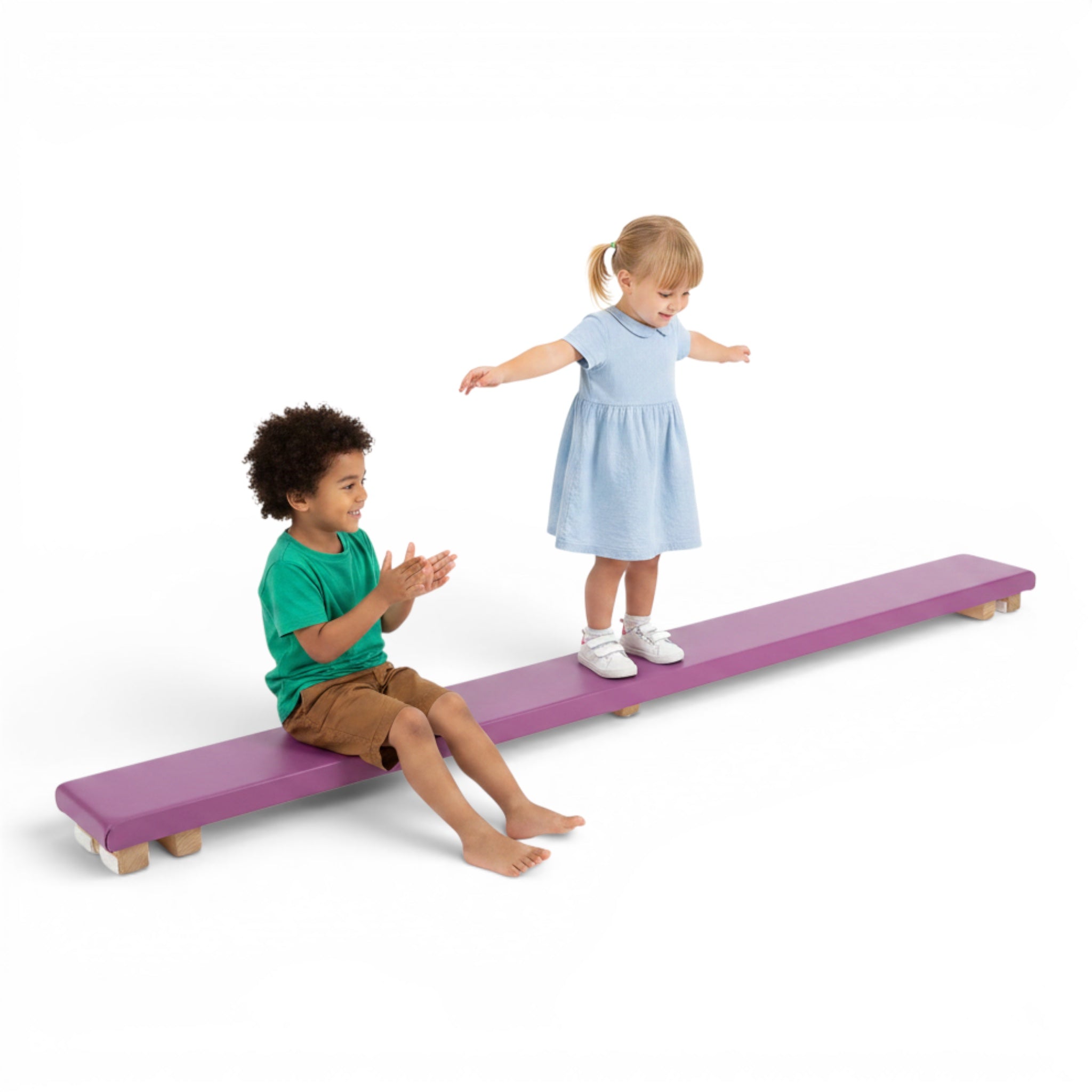 UK Gym Pits padded purple agility linking plank with children balancing and sitting on it in a studio setting