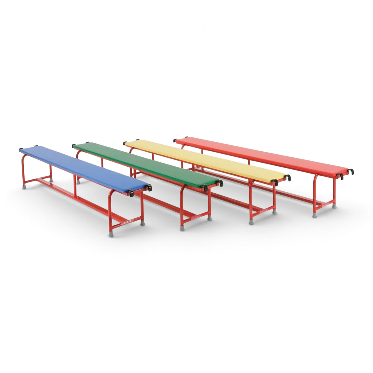 UK Gym Pits padded balance benches with red steel frames and multi-colored PVC tops in blue, green, yellow, and red.