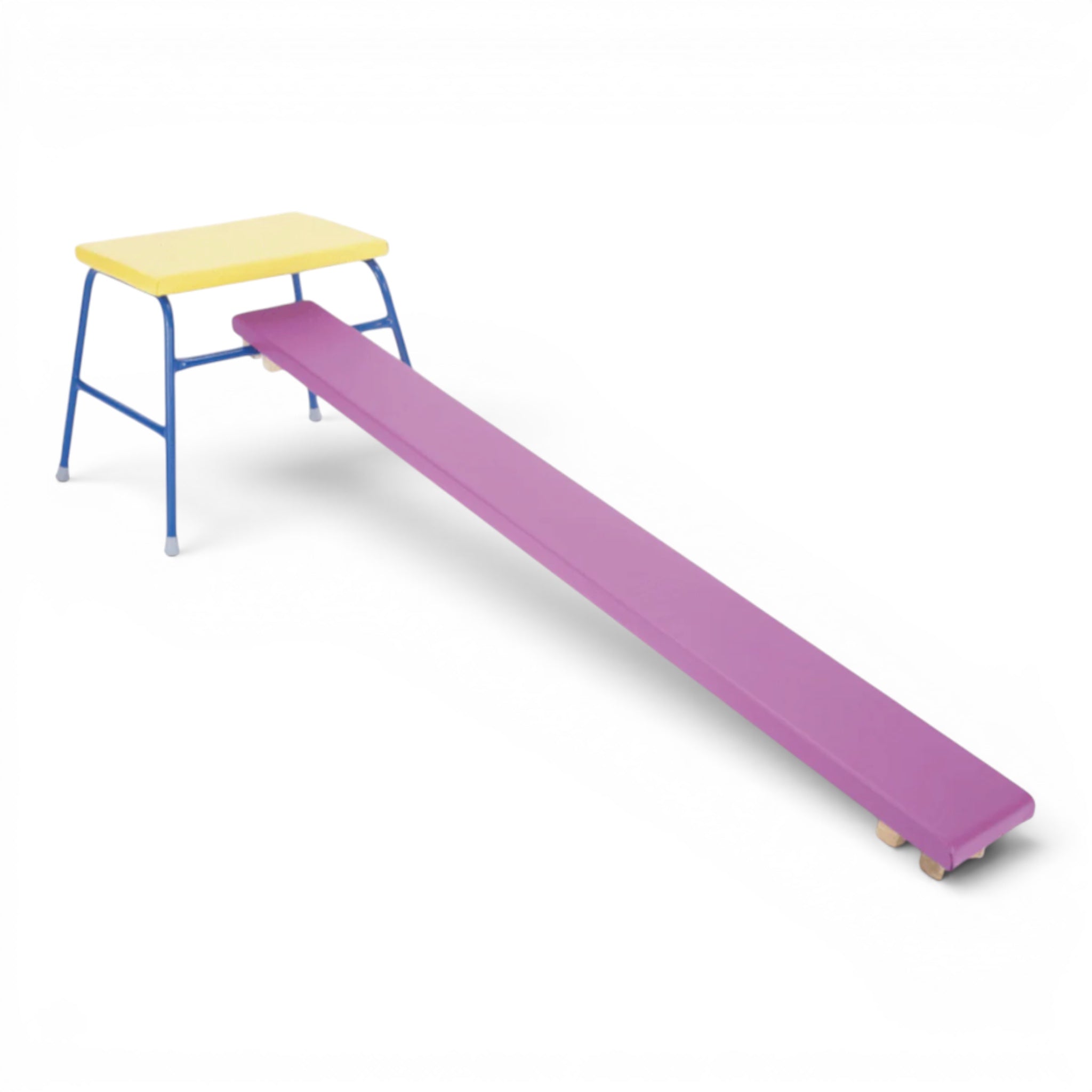 UK Gym Pits padded purple agility linking plank connected to a yellow and blue gym trestle for balance training