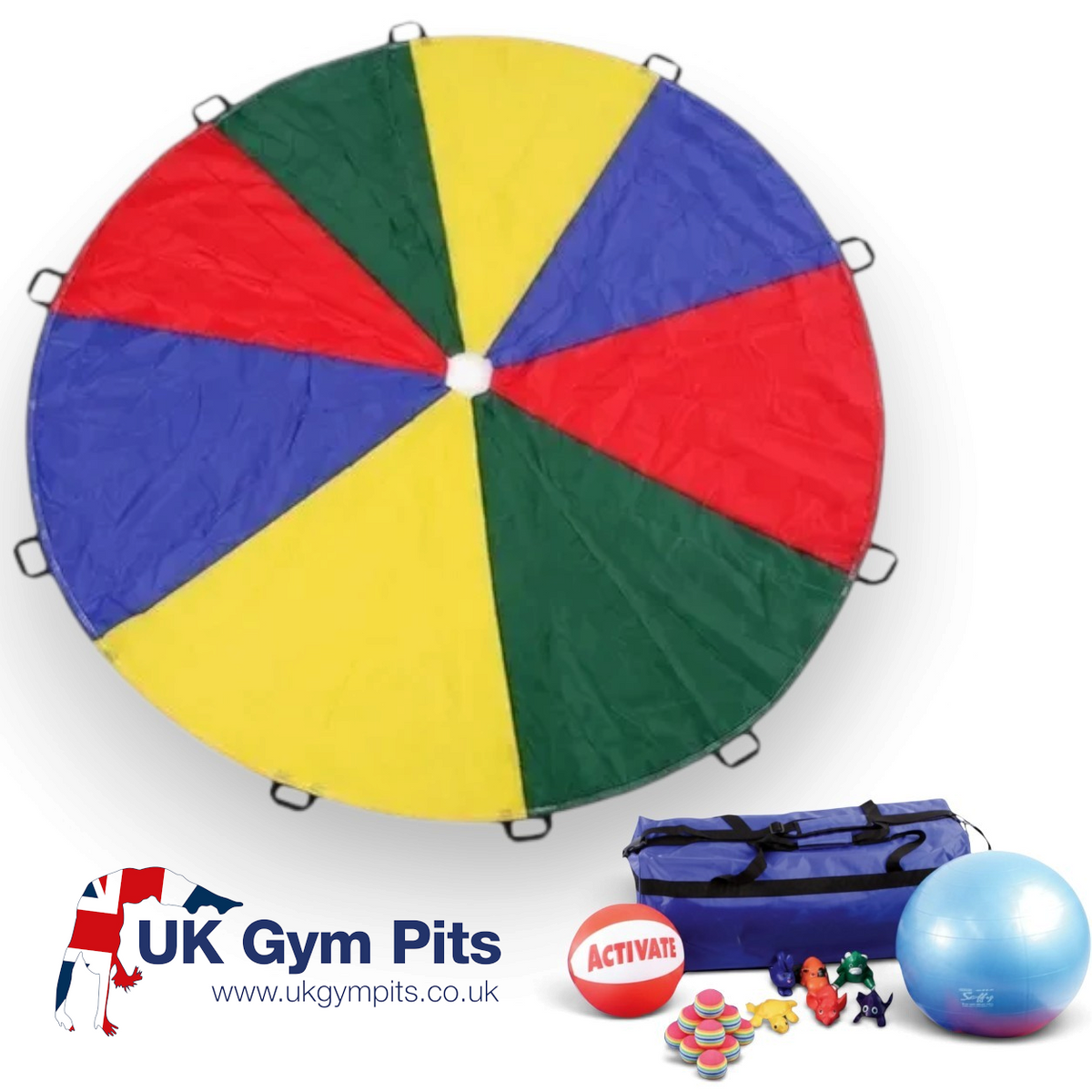 UK Gym Pits multi-coloured nylon parachute kit with play balls, bean bag animals, and storage bag for group activities