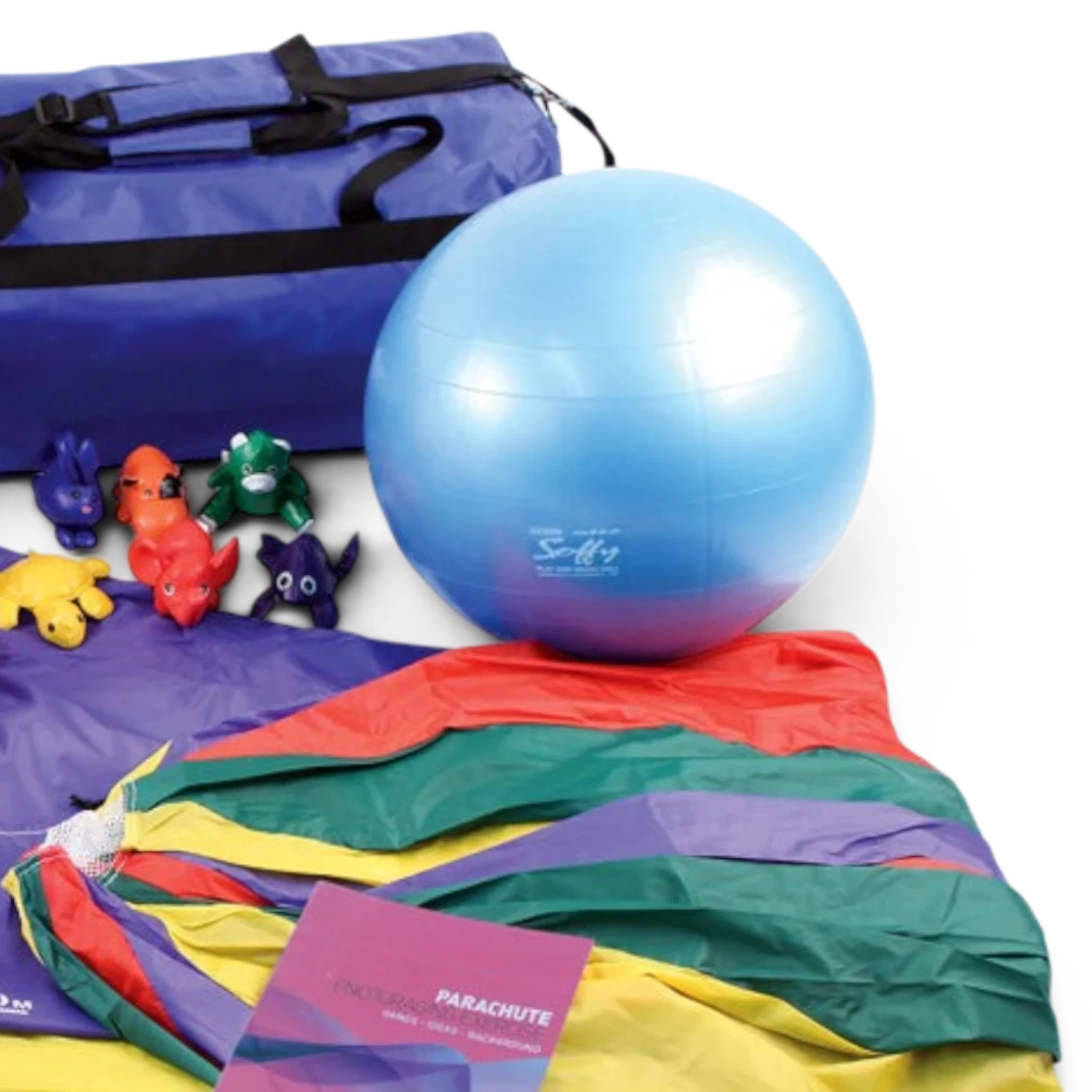 UK Gym Pits parachute kit featuring a multi-coloured nylon parachute, play balls, bean bag animals, and storage bag.