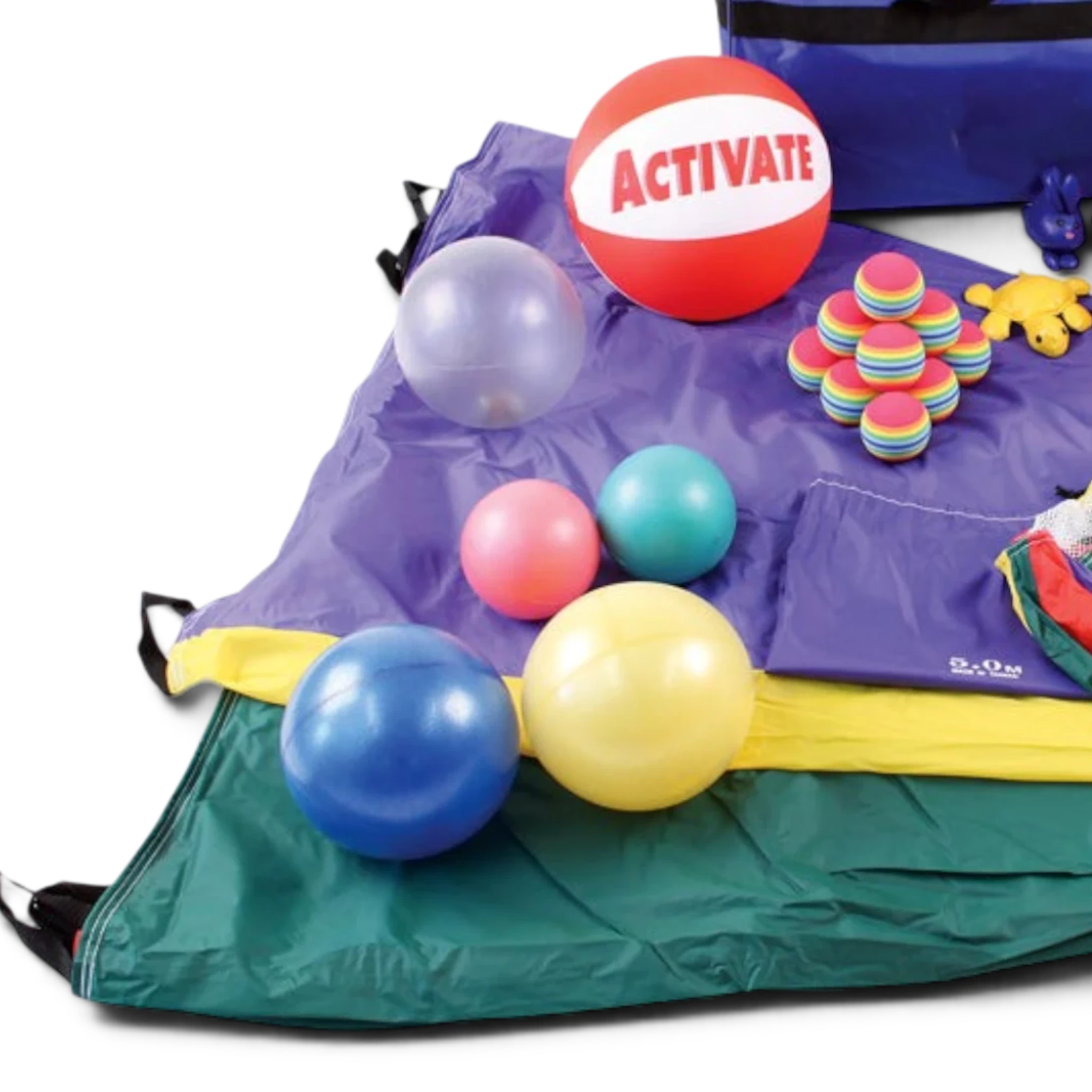 UK Gym Pits multi-coloured nylon parachute kit with various play balls and accessories for group activities
