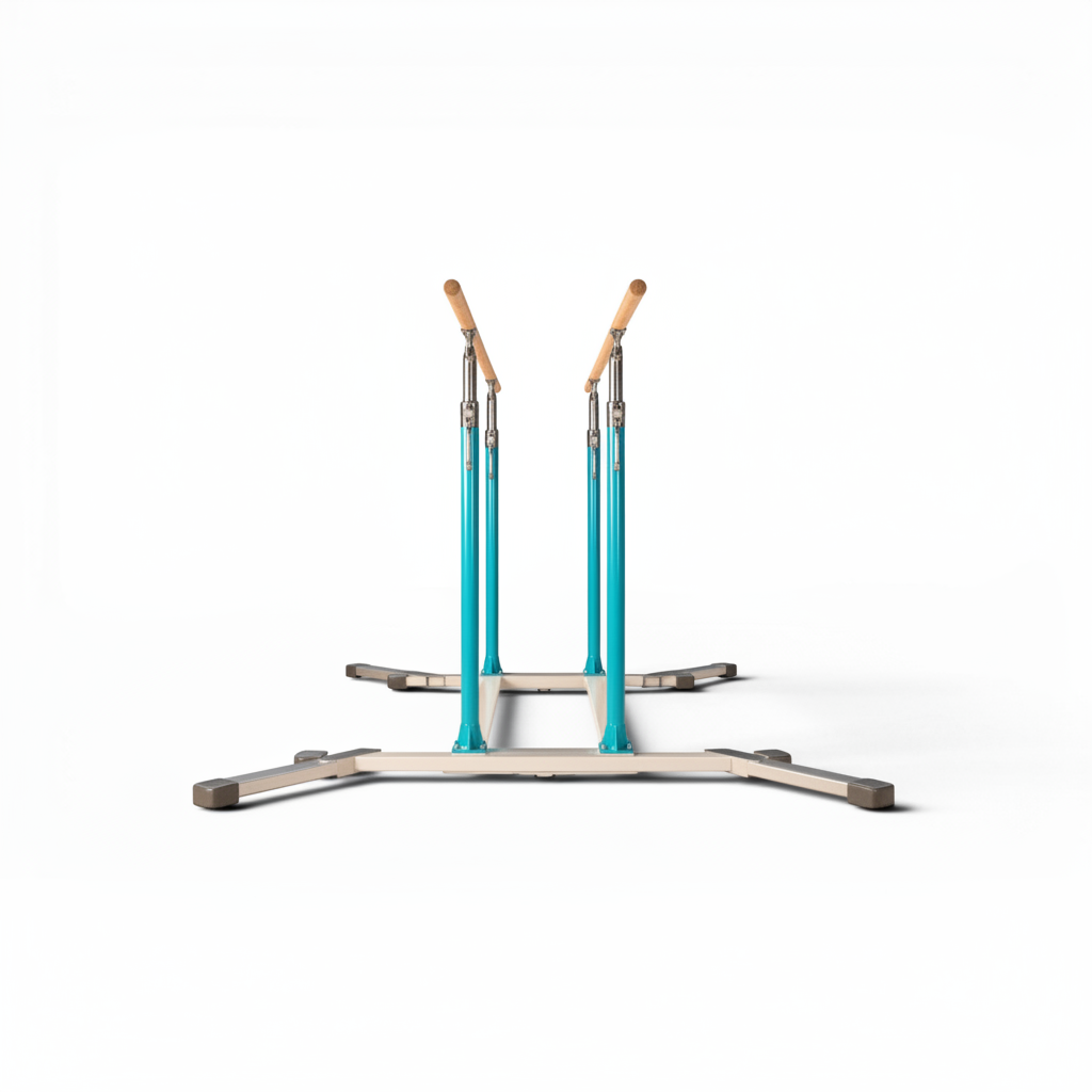 UK Gym Pits FIG approved parallel bars with blue steel frame and wooden bars for gymnastics training and competition