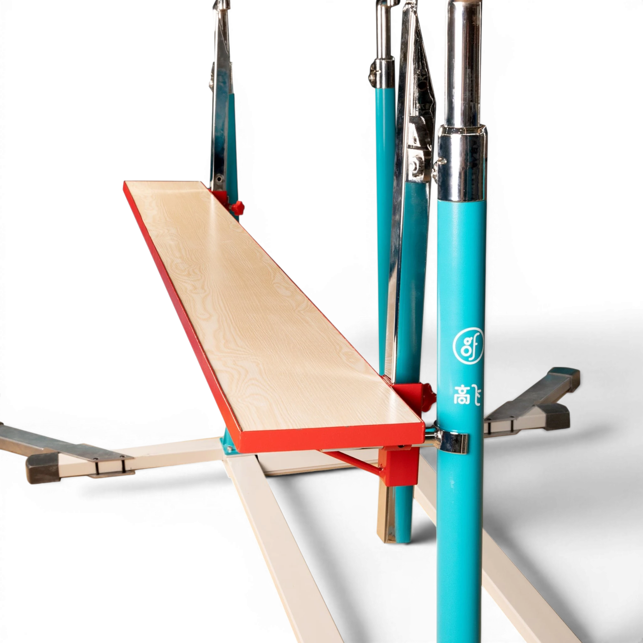 UK Gym Pits FIG approved parallel bars with teal steel frame and wood-topped bars for gymnastics training
