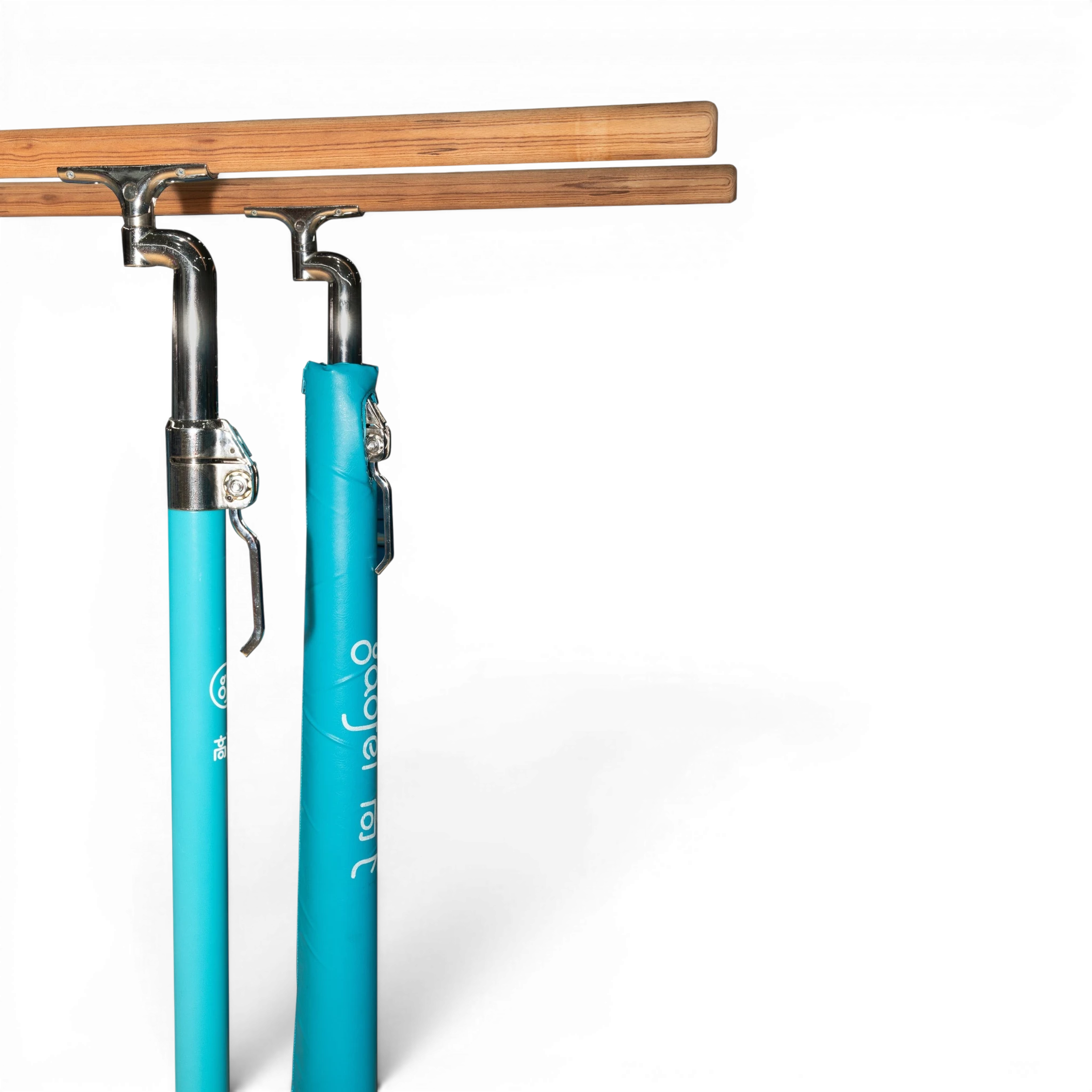 UK Gym Pits FIG approved parallel bars with blue powder-coated steel frame and wooden bars for gymnastics training.