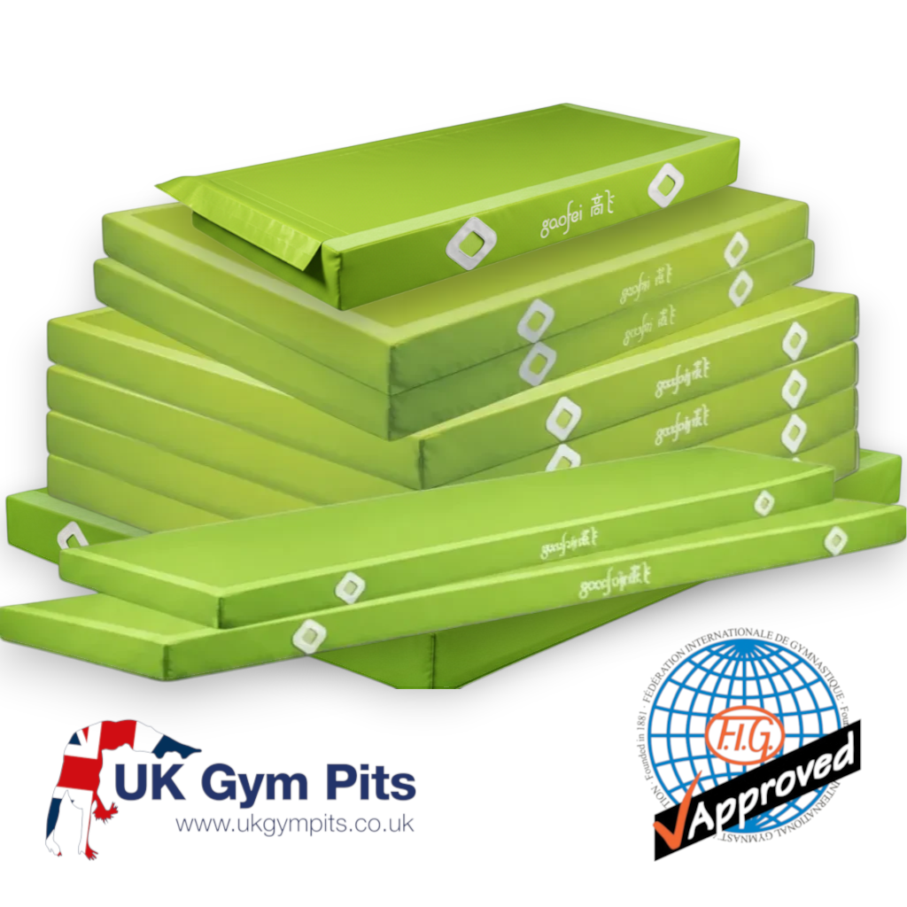 UK Gym Pits FIG approved green parallel bars landing mats with non-slip base and Velcro locking system for gymnastics.