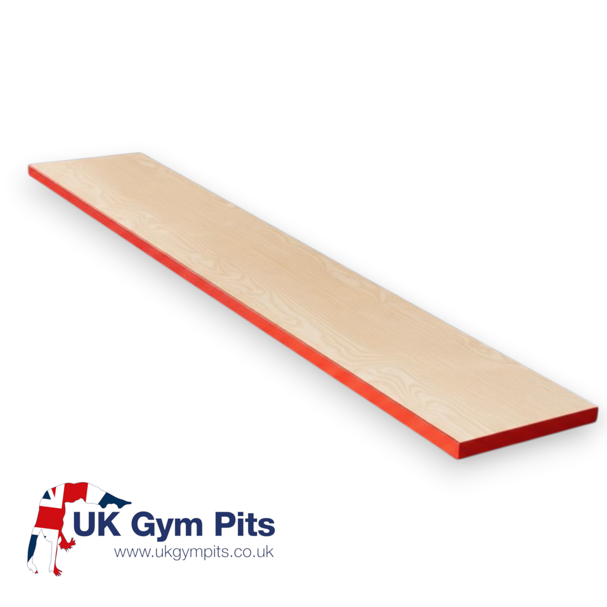 UK Gym Pits parallel bars spotting platform with a light wood finish and red edge for gymnastics coaching