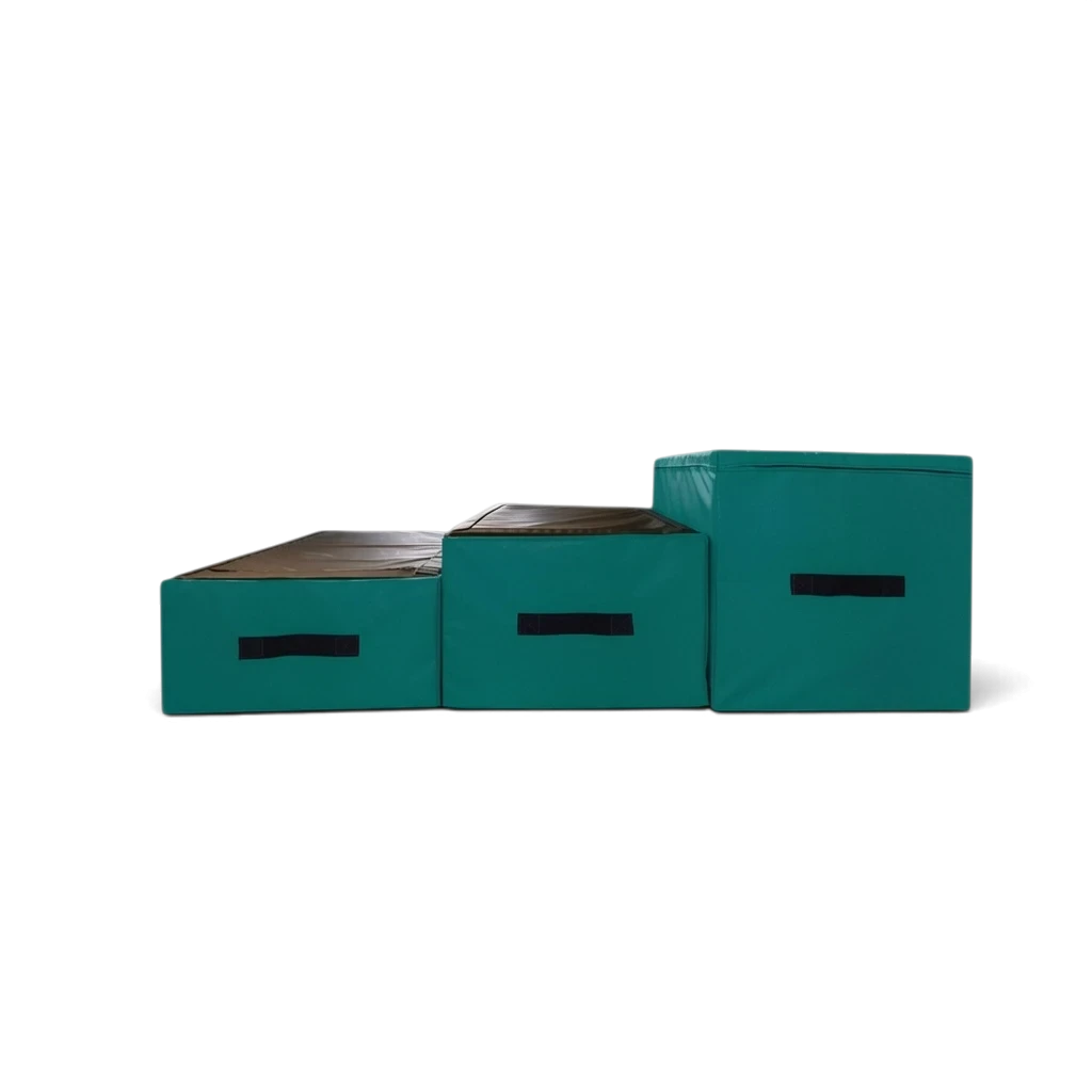 UK Gym Pits parkour jumping blocks set in teal and black, featuring high-density foam with carry handles.