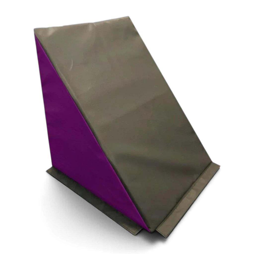 UK Gym Pits parkour ninja step wedge with a grey top and purple side, made from heavy-duty flame-retardant PVC foam.