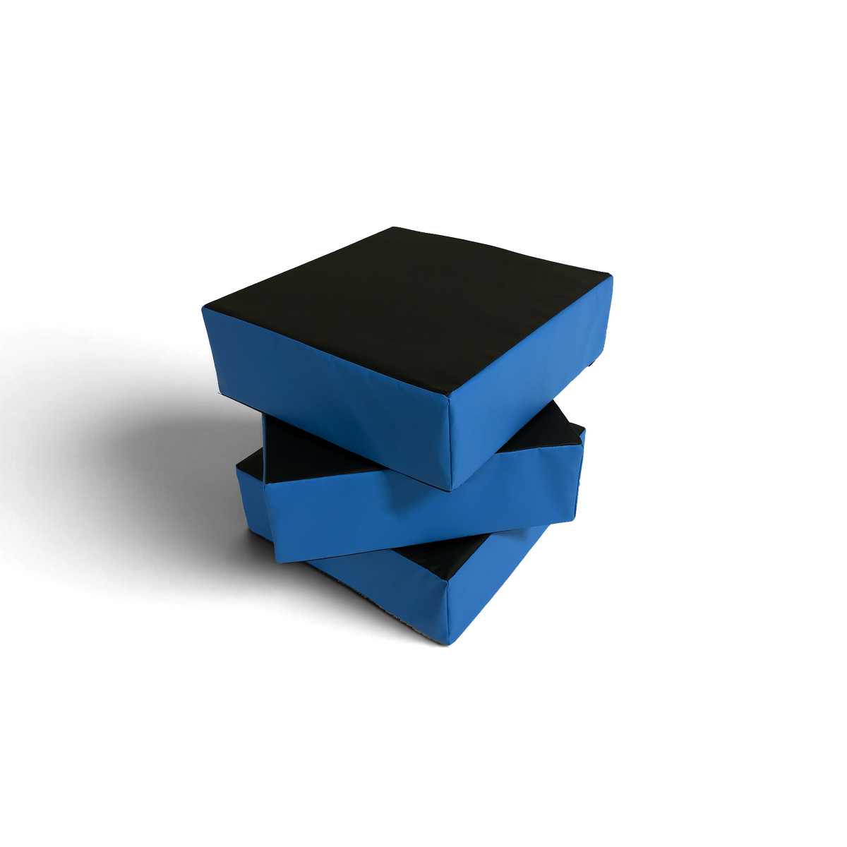 UK Gym Pits set of three black and blue parkour stepping blocks made of high-density foam with PVC covers.