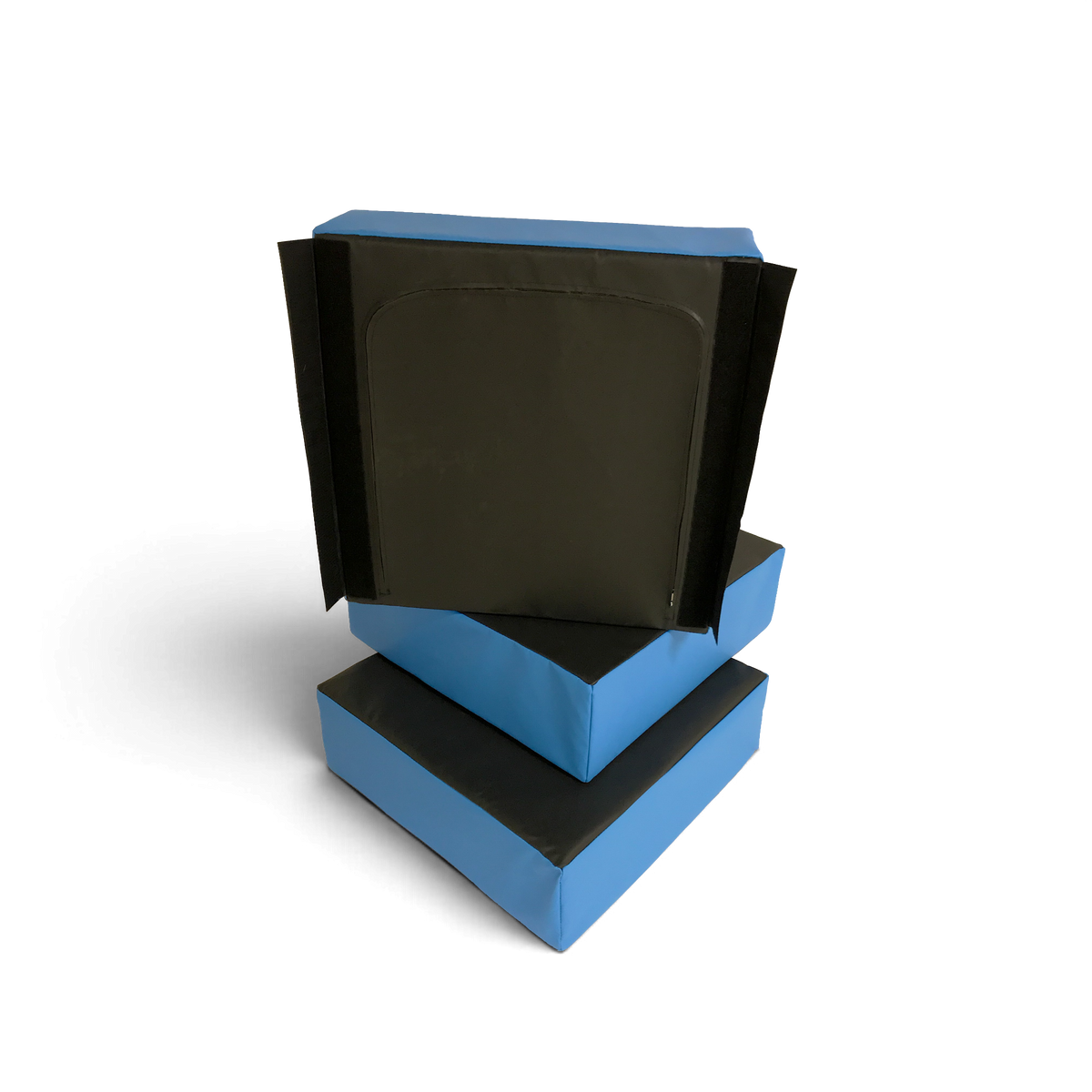 UK Gym Pits parkour stepping blocks in black and blue, set of three stackable foam obstacles for gymnastics training.