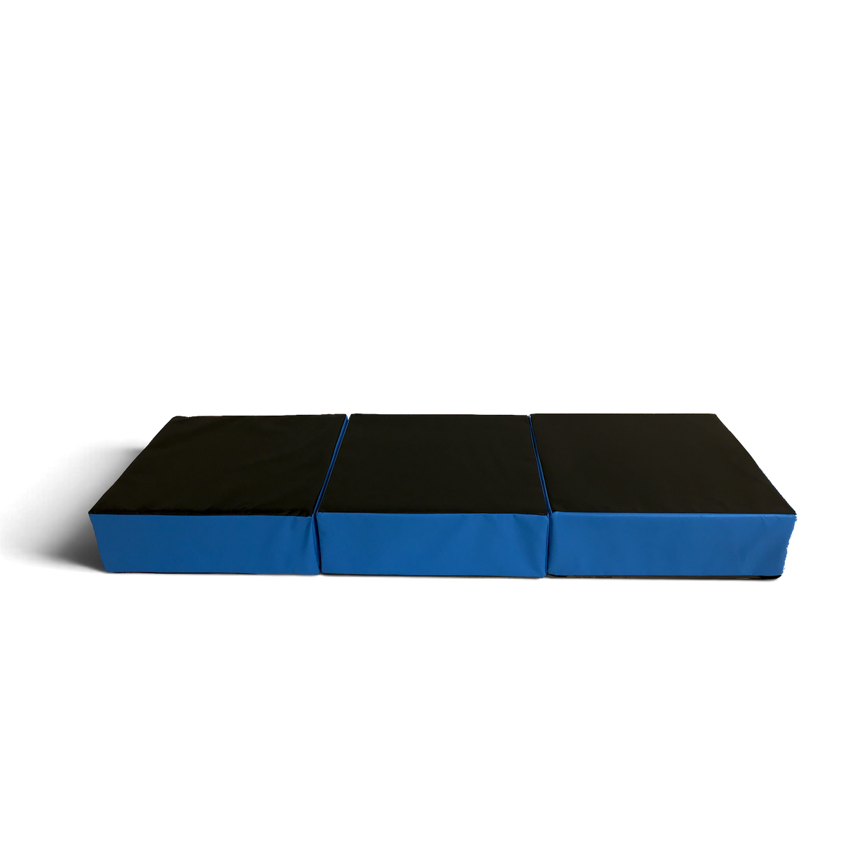 UK Gym Pits set of three black and blue parkour stepping blocks made of high-density foam with a durable PVC cover.