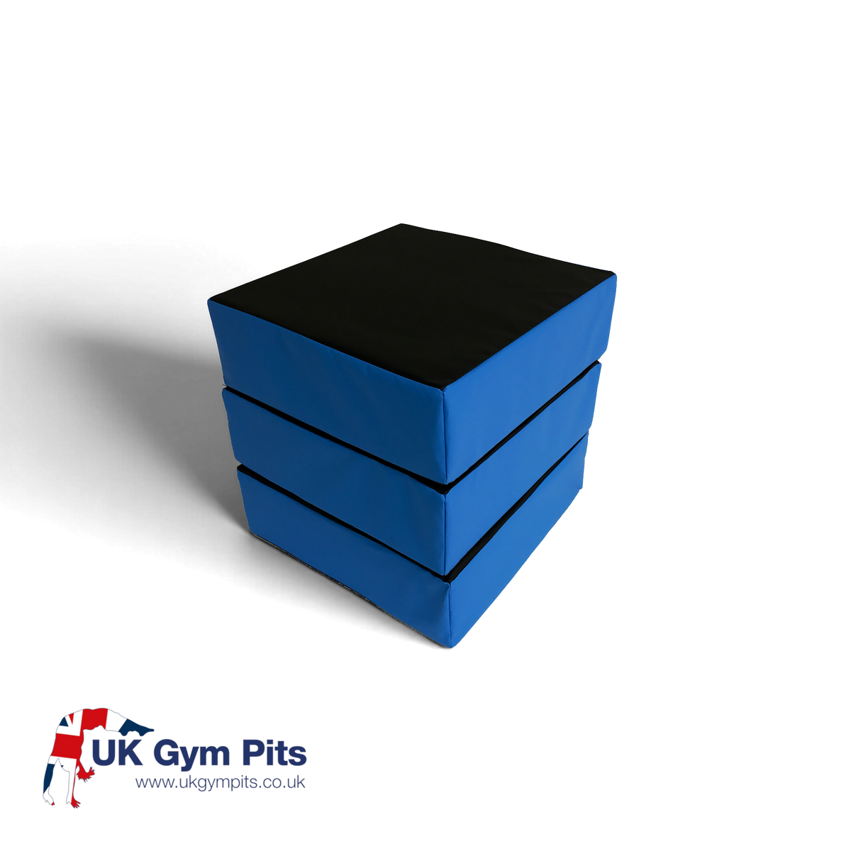 UK Gym Pits set of three black and blue parkour stepping blocks made of high-density foam with a durable PVC cover.