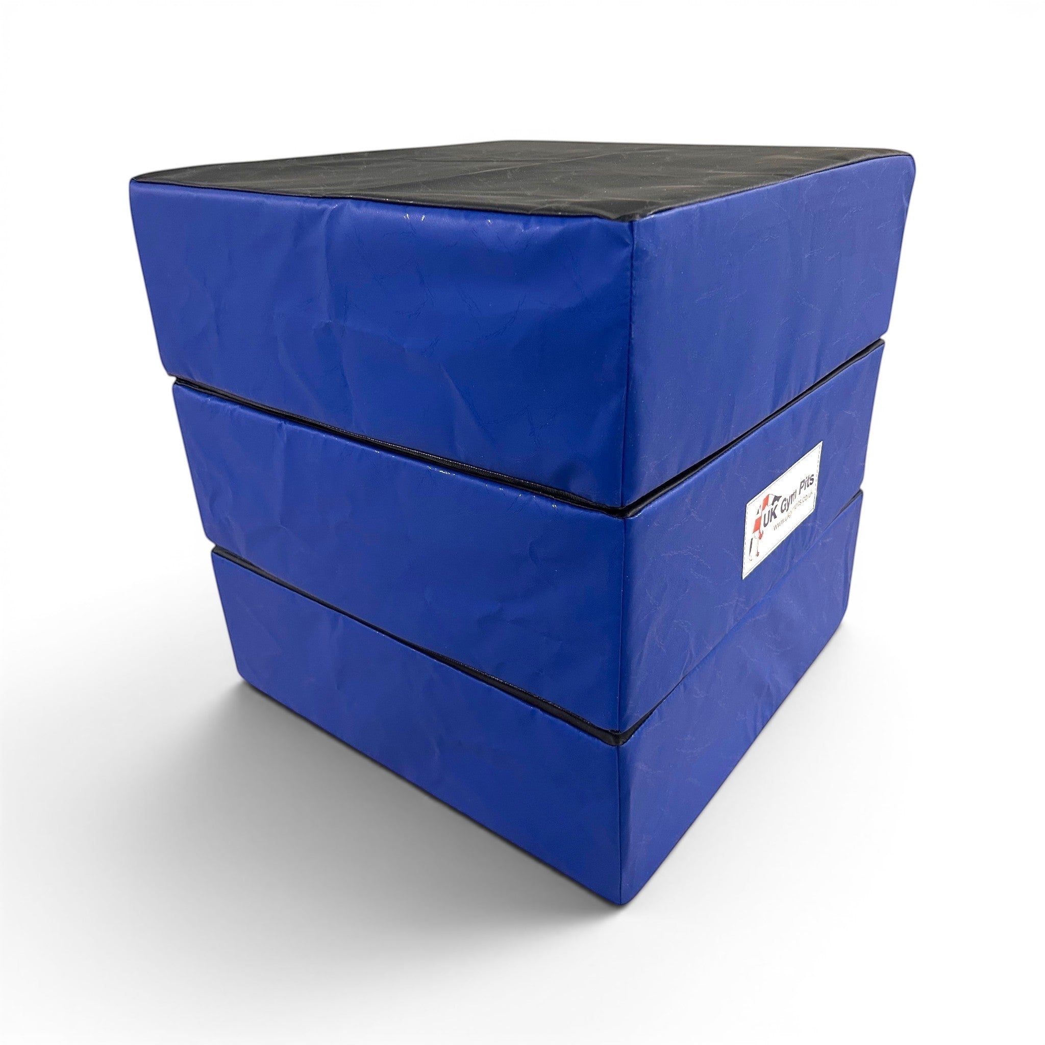 UK Gym Pits set of three black and royal blue PVC parkour stepping blocks stacked for training