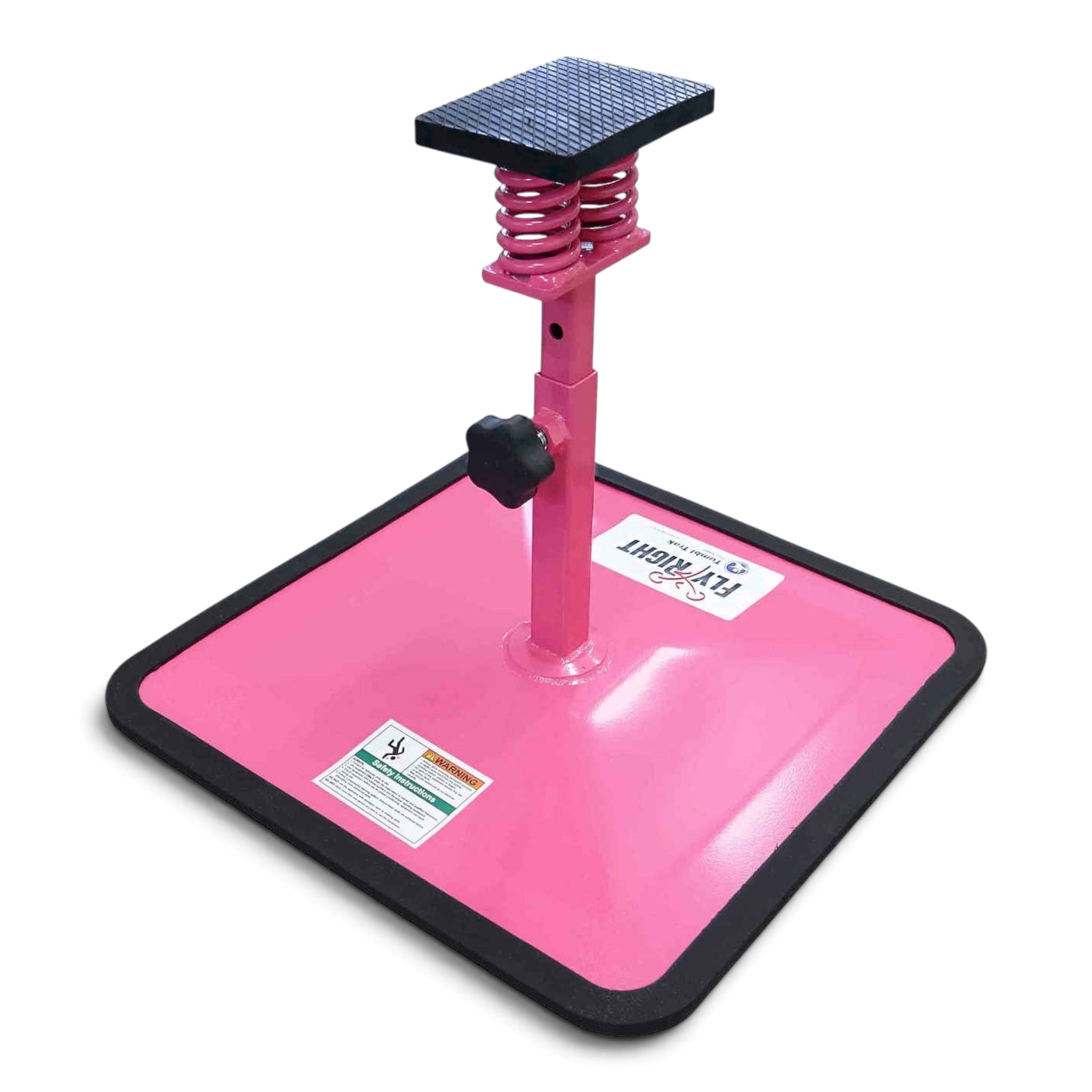 UK Gym Pits pink Fly Right cheerleader training stand with adjustable height and non-slip base for safe stunting