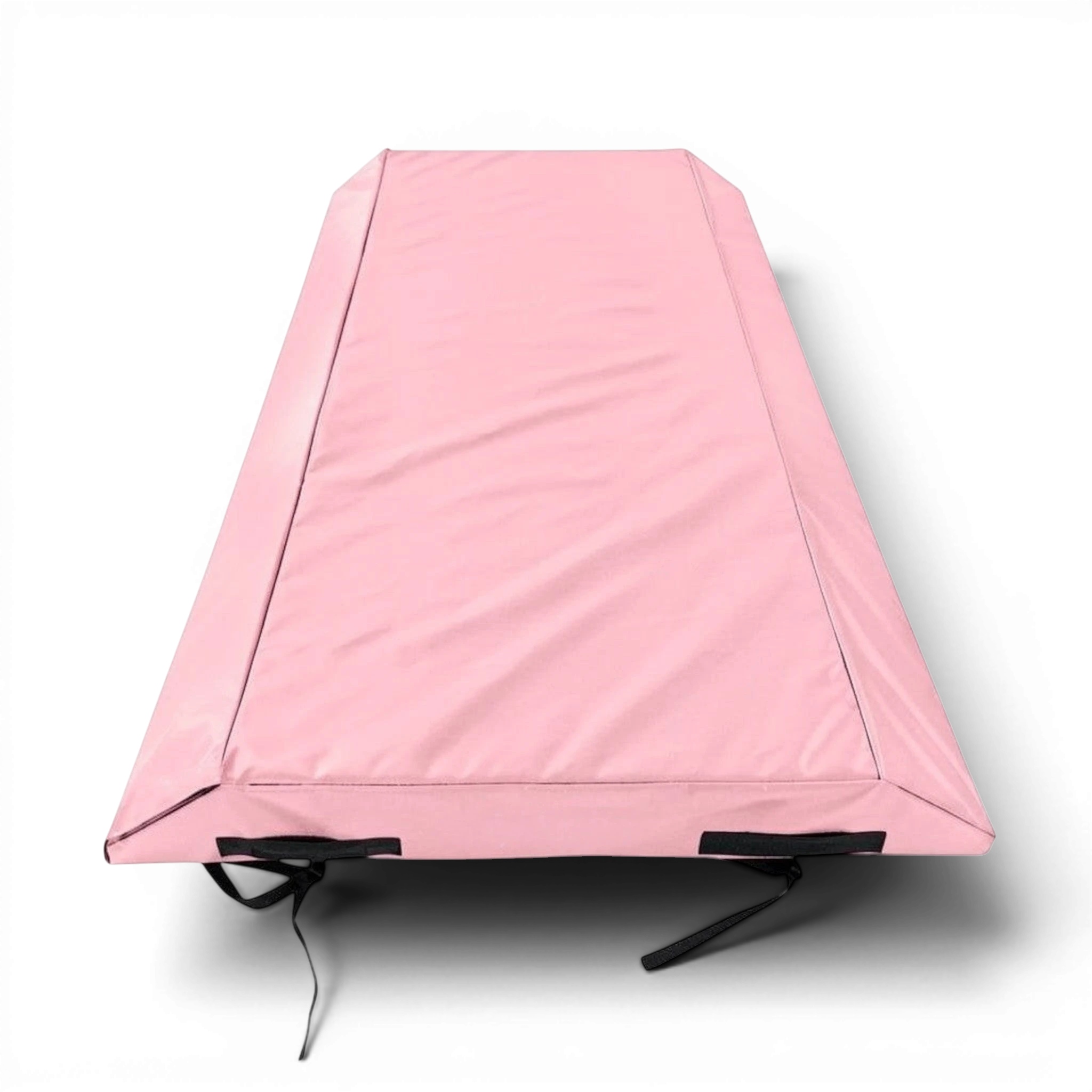 UK Gym Pits pink double wedge trampoline spotting end deck mat with reinforced PVC cover and secure webbing straps.