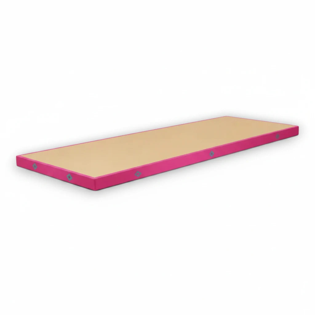 UK Gym Pits FIG approved soft topper gymnastics landing mat in pink with a beige top and air mesh side vents.