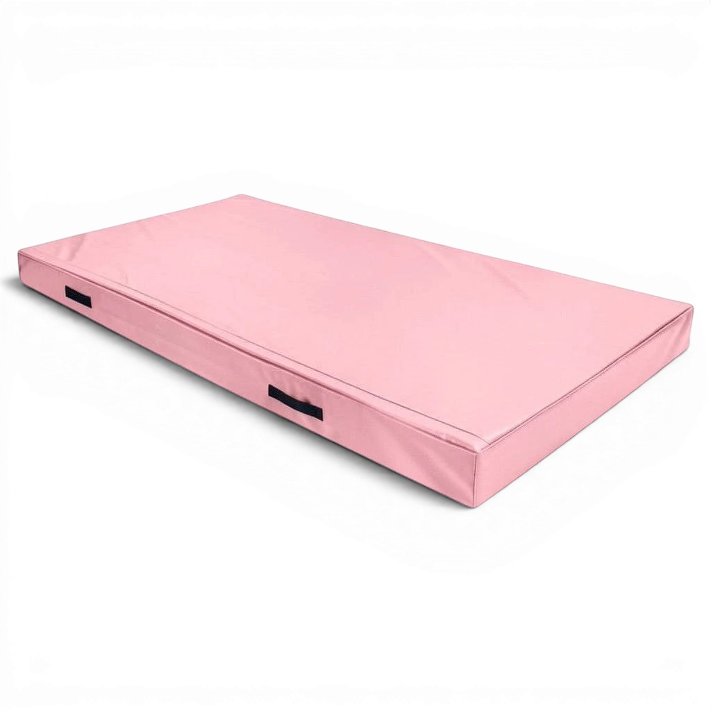 UK Gym Pits pink FIG specification push-on safety mat with black side handles and flame retardant foam