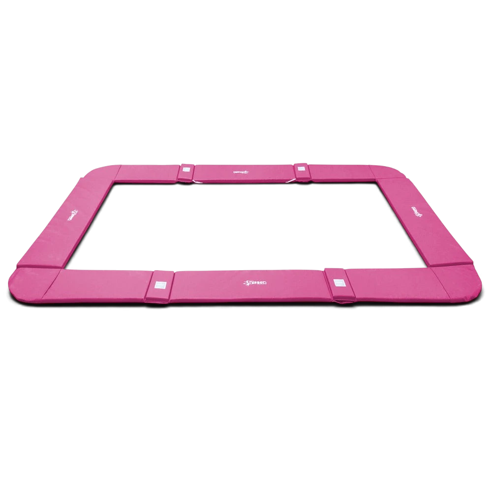 UK Gym Pits pink rectangular junior trampoline frame pads with 2.5cm thick foam and elasticated attachment straps.