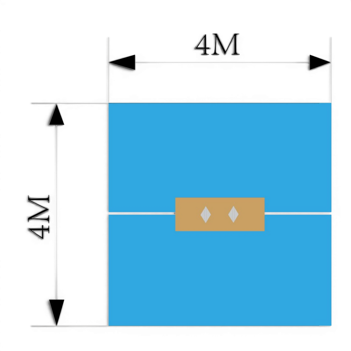 UK Gym Pits FIG approved pommel horse landing mat diagram showing 4m by 4m layout with equipment leg cut-outs
