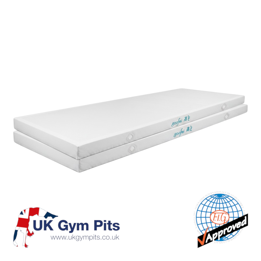 UK Gym Pits FIG approved white pommel horse landing mats with Gaofei branding and non-slip PVC vinyl surface