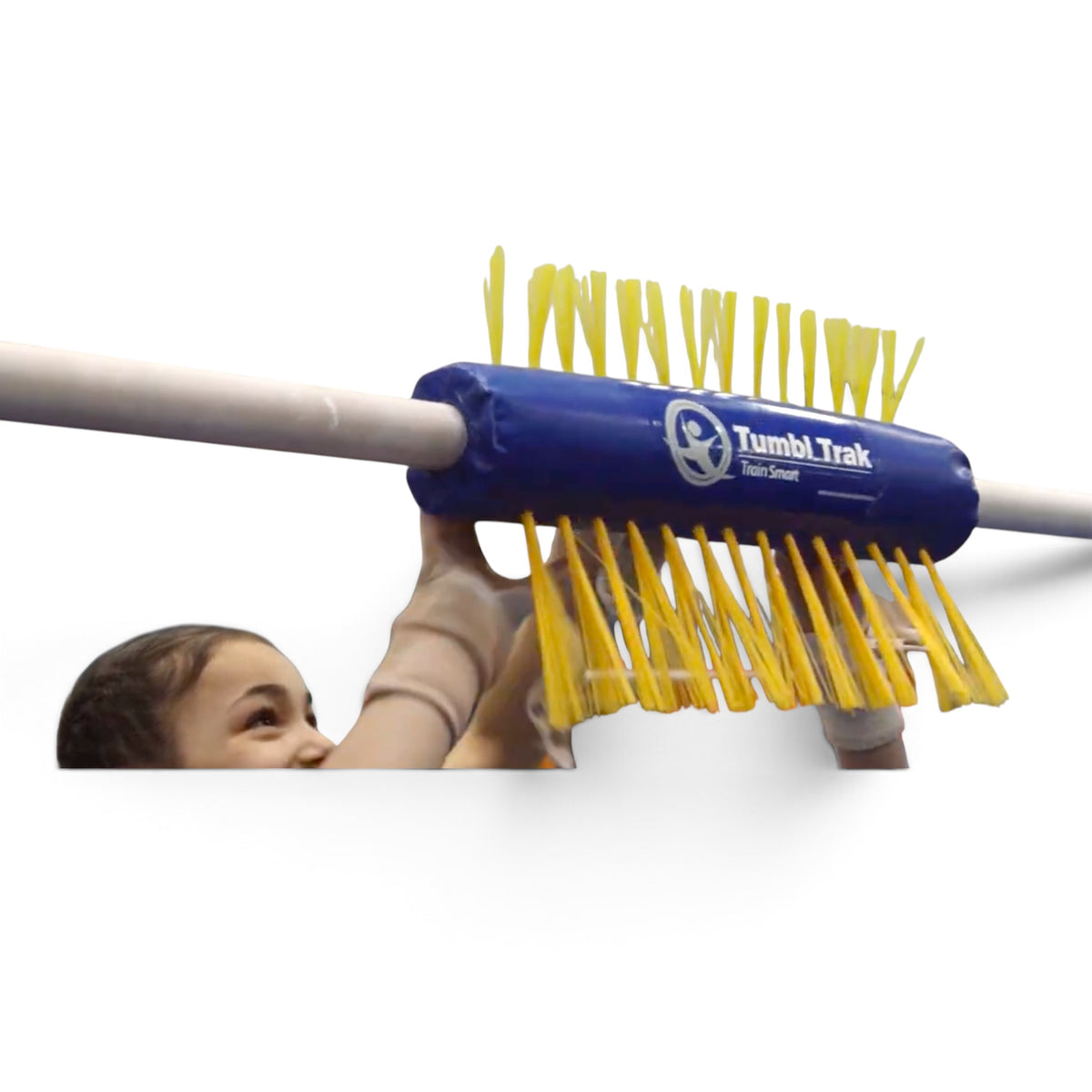UK Gym Pits Porcupine Bar Pad with yellow bristles attached to a gymnastics bar for training uneven bar skills
