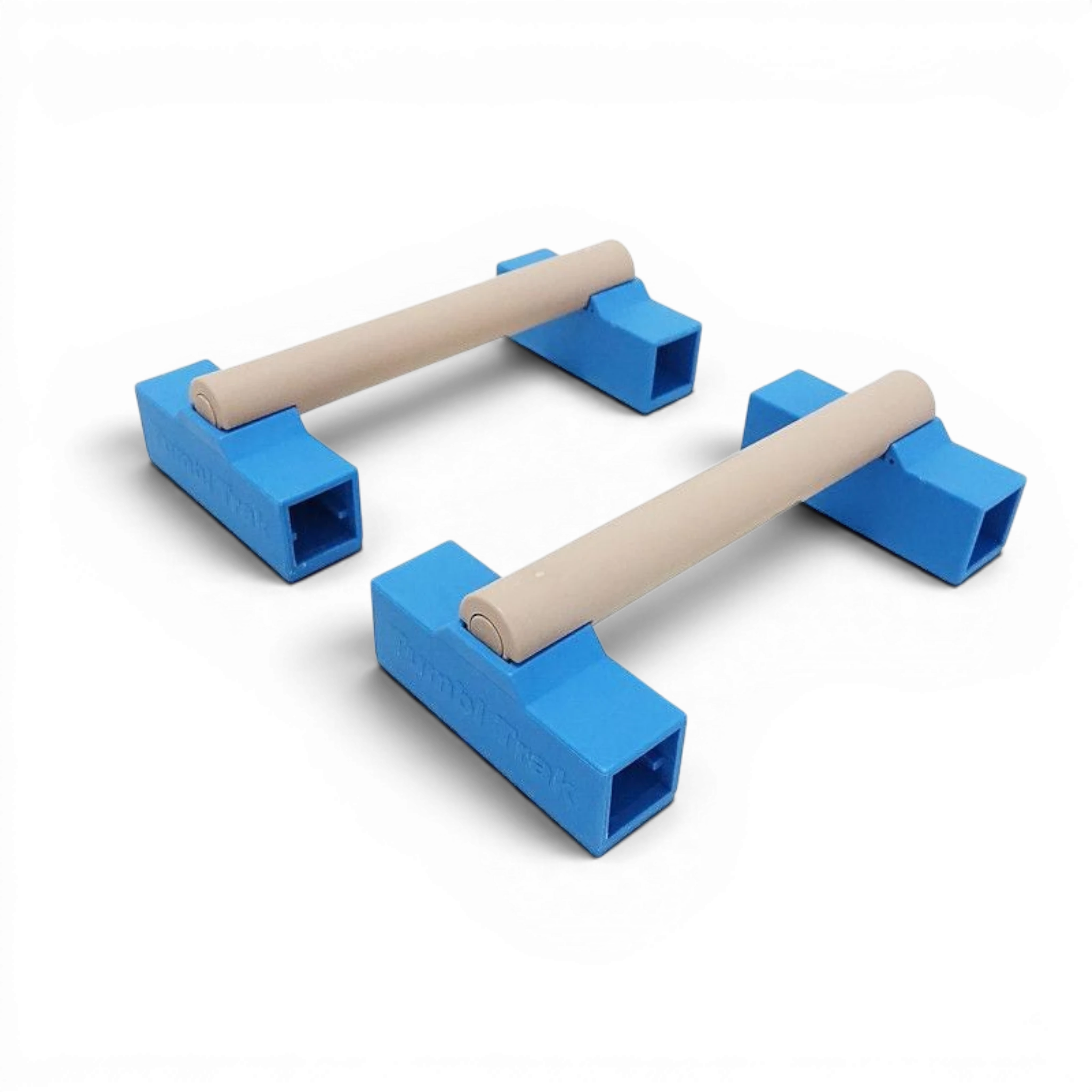 UK Gym Pits portable gymnastics parallette bars with blue bases and beige rails for strength and handstand training