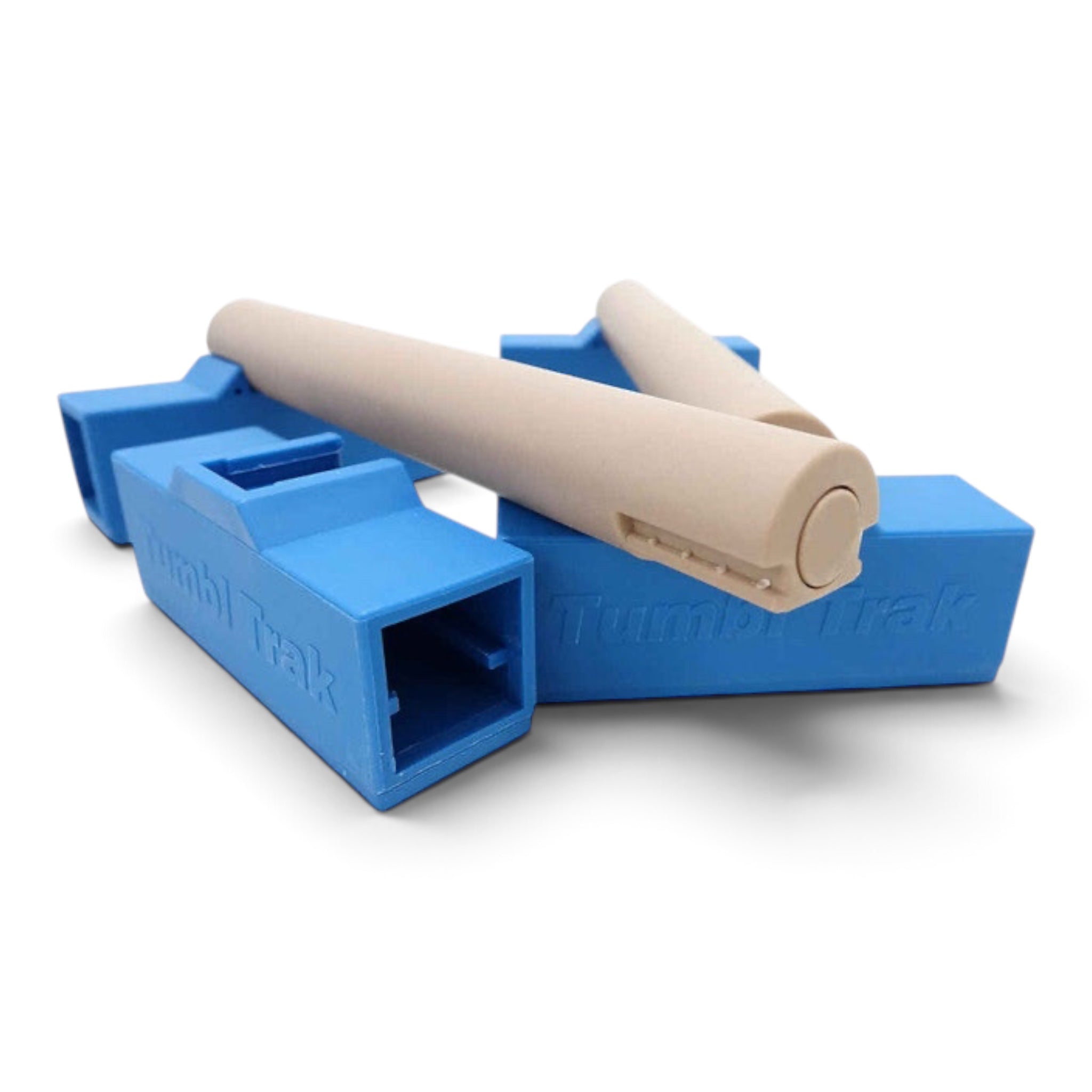 UK Gym Pits portable parallette bars in blue and beige, featuring a compact, deconstructable design for travel.