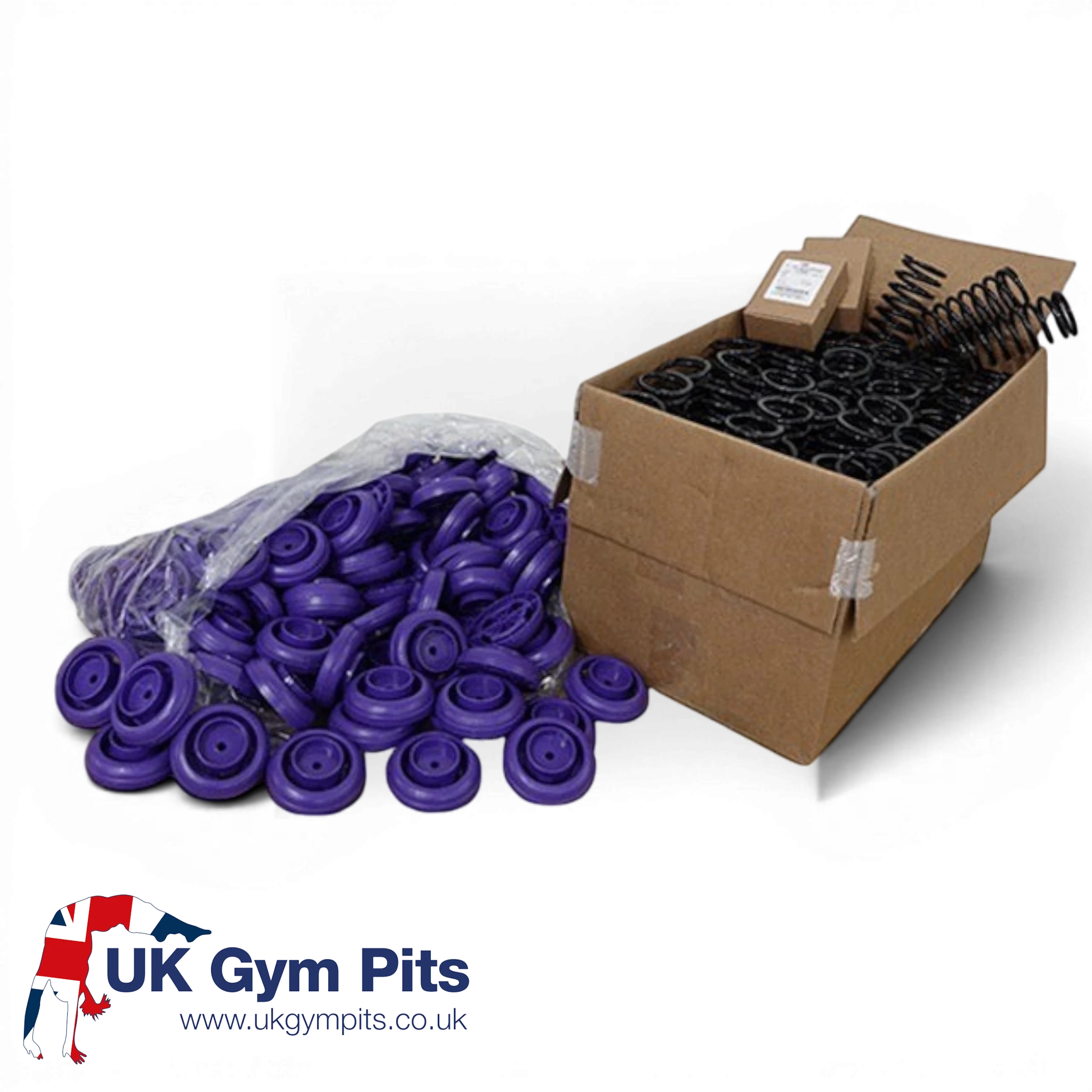UK Gym Pits power spring floor kit with purple retainer caps and black high carbon steel coil springs in a box