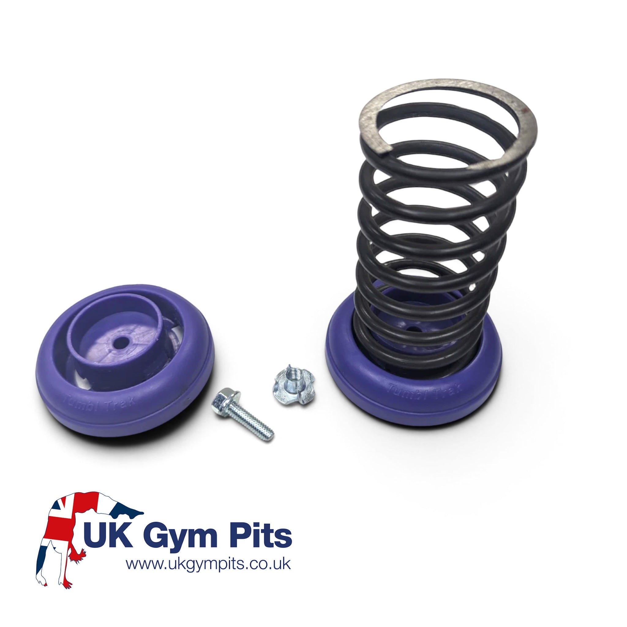 UK Gym Pits power spring kit with high carbon steel coil spring, purple retainer caps, nut, and screw for gym floors