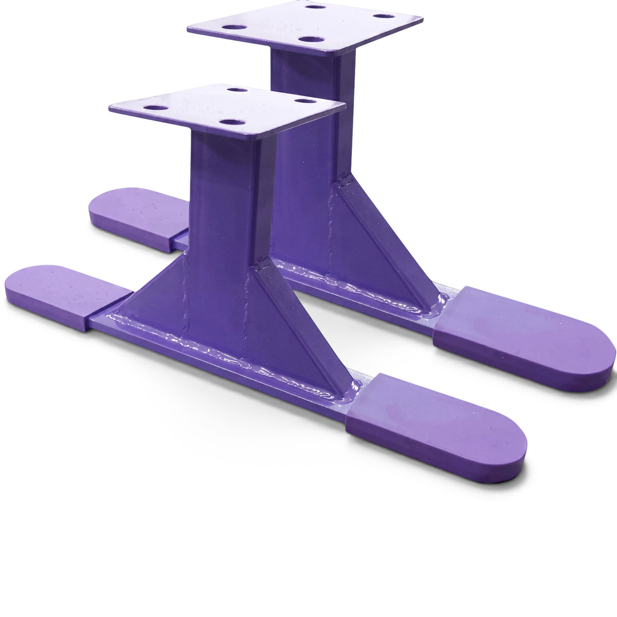 UK Gym Pits purple metal leg risers for Addie gymnastics beam, designed to raise the beam 30cm off the floor.
