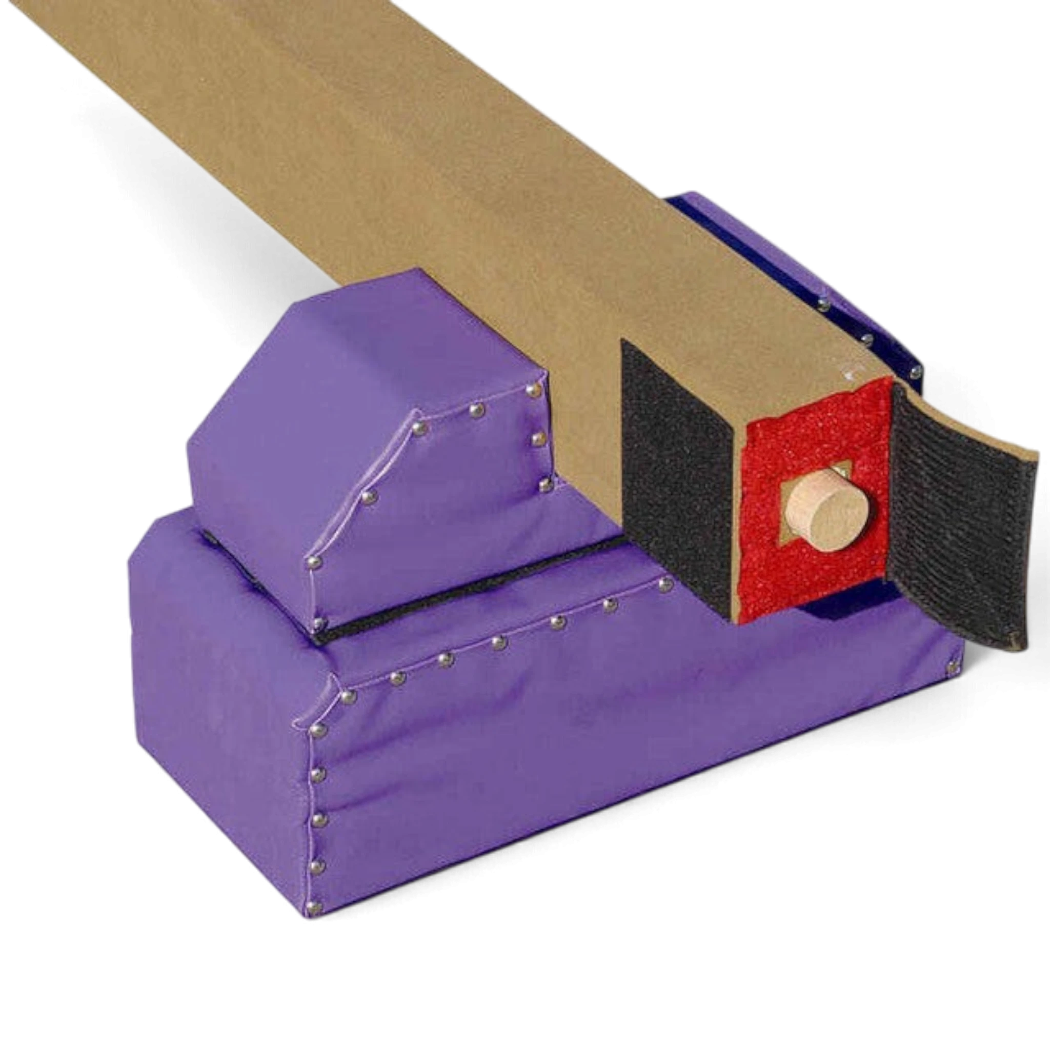 UK Gym Pits purple Brianna beam riser legs attached to a balance beam for added height and stability