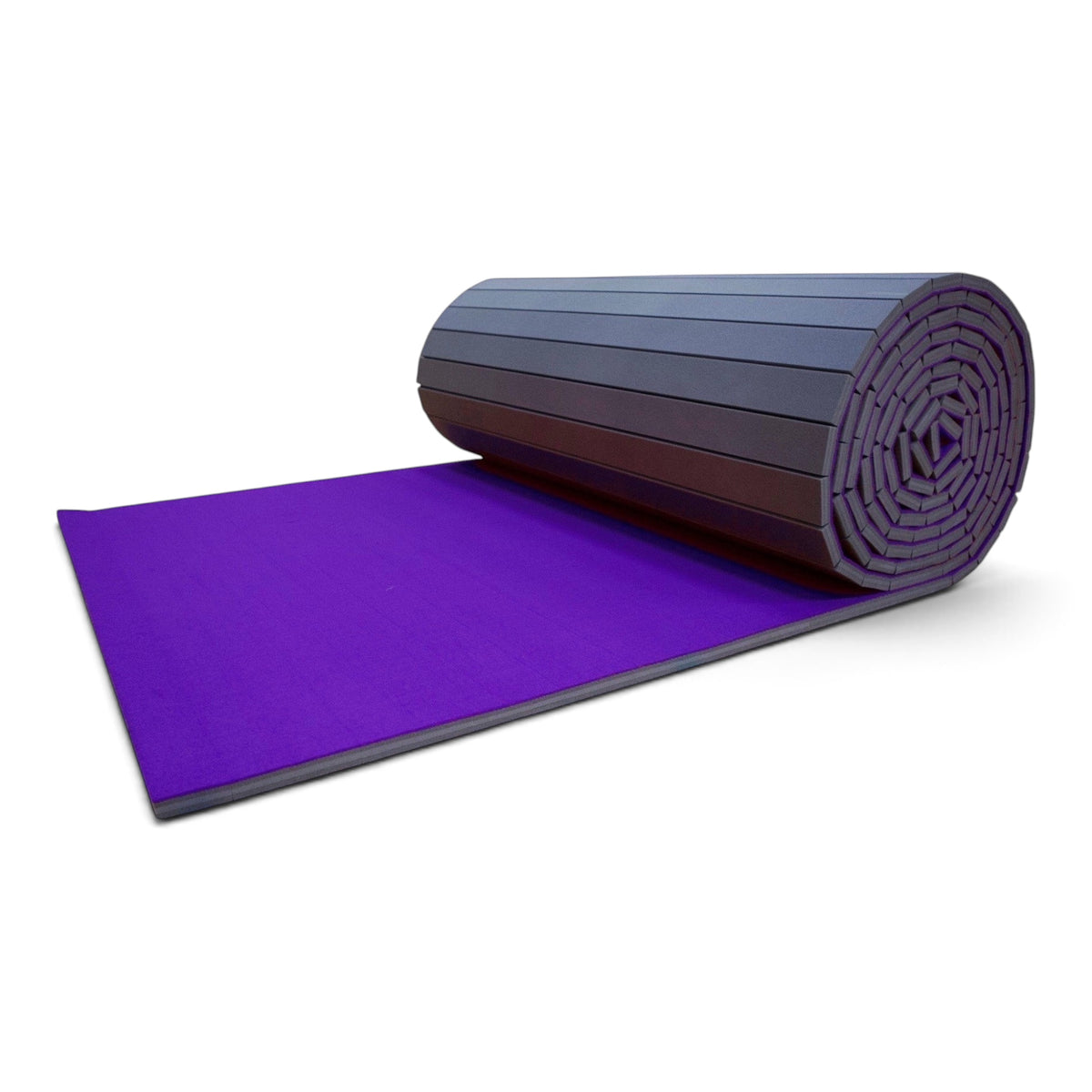 UK Gym Pits purple flexi carpet mat roll for gymnastics and cheerleading with shock-absorbing XPE foam base.